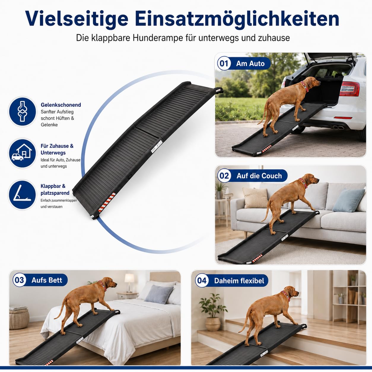 BITUXX® Hunderampe Auto klappbar bis 90 kg belastbar 155 x 39 x 9 cm | Einstiegshilfe Hund Antirutsch Oberfläche leicht zusammenklappbar Rampe für Hunde Autorampe
