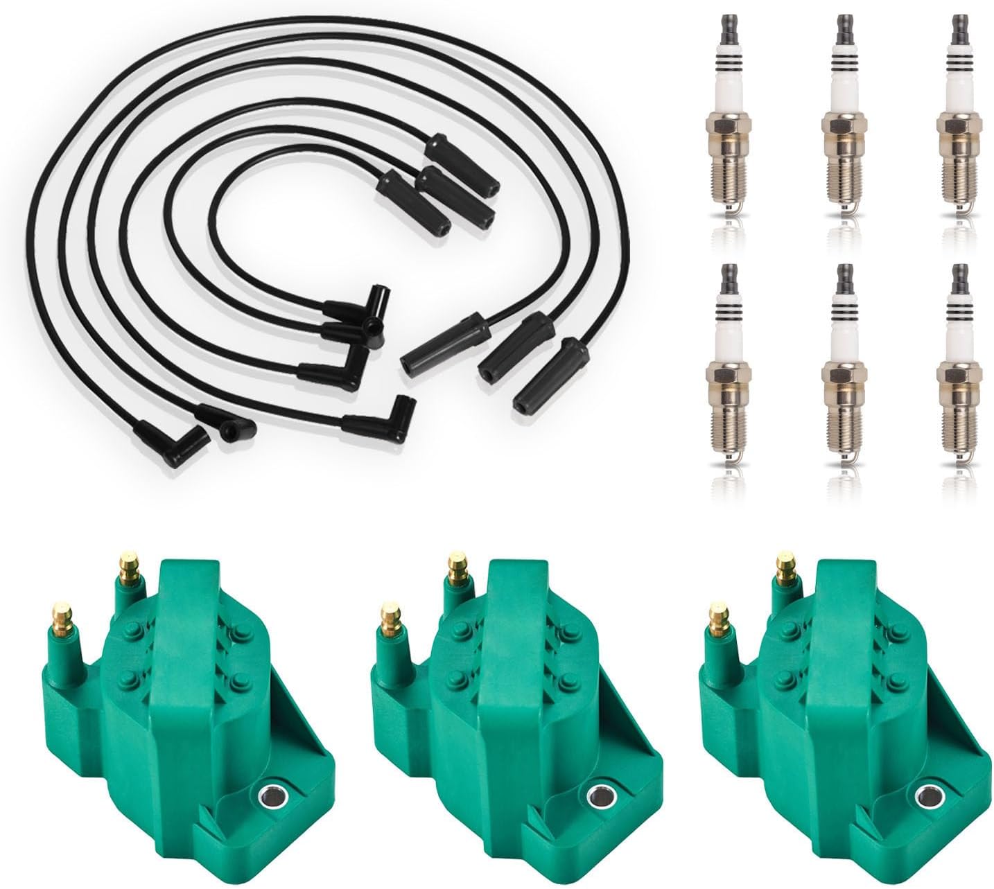 ENA Set of 3 Green Ignition Coil with 6 Spark Plug and Wire set 1999-2005 Compatible with Chevy Buick Pontiac Allure LaCrosse Lucerne Regal Impala Monte Carlo Grand Prix 3.8 V6 Replace# DR39 3144 3951