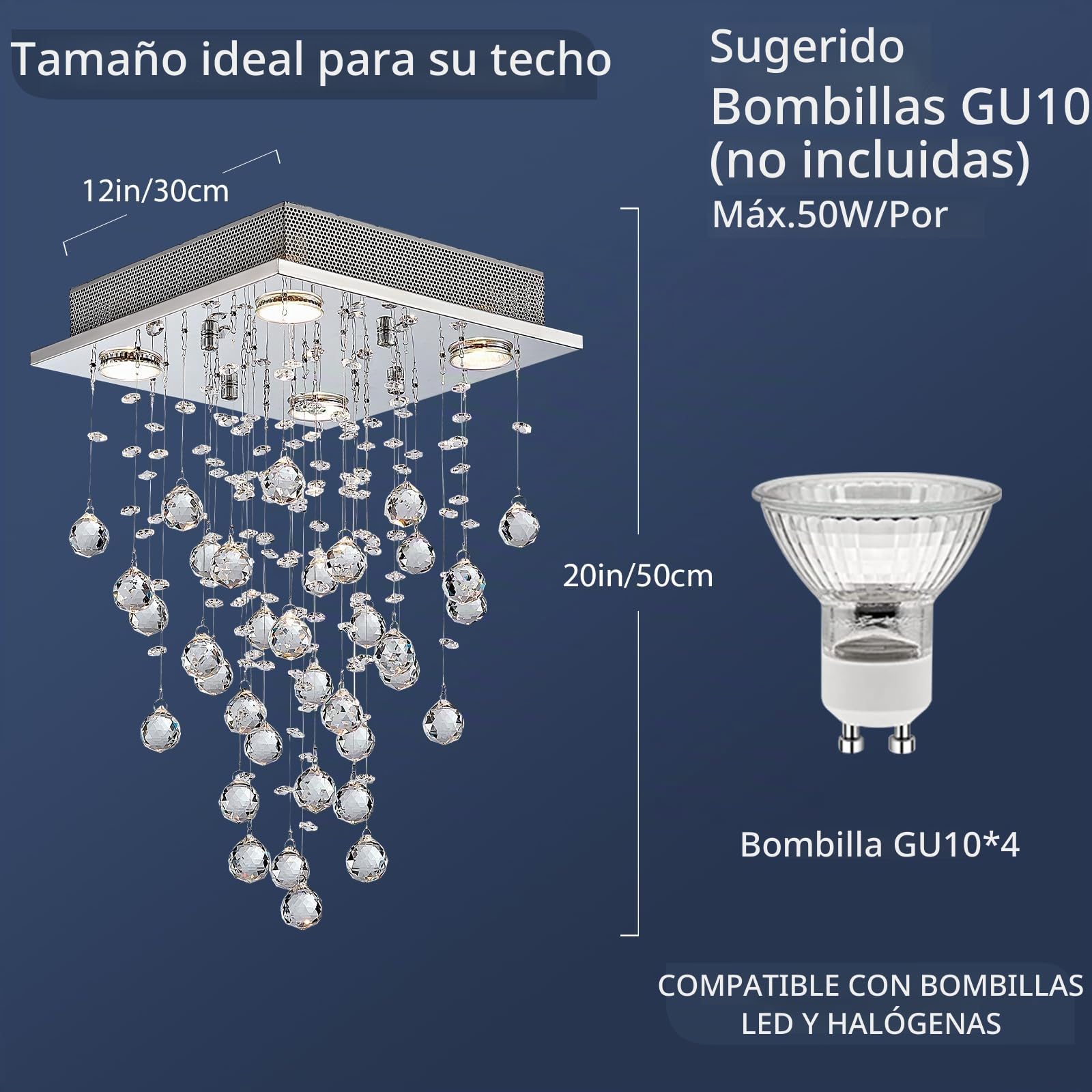 BESTIER Cristal moderno Raindrop Araña Iluminación Montaje empotrado Lámpara de techo de techo Lámpara colgante para el comedor Cuarto de baño Dormitorio Sala Diámetro 30 cm Altura 50 cm