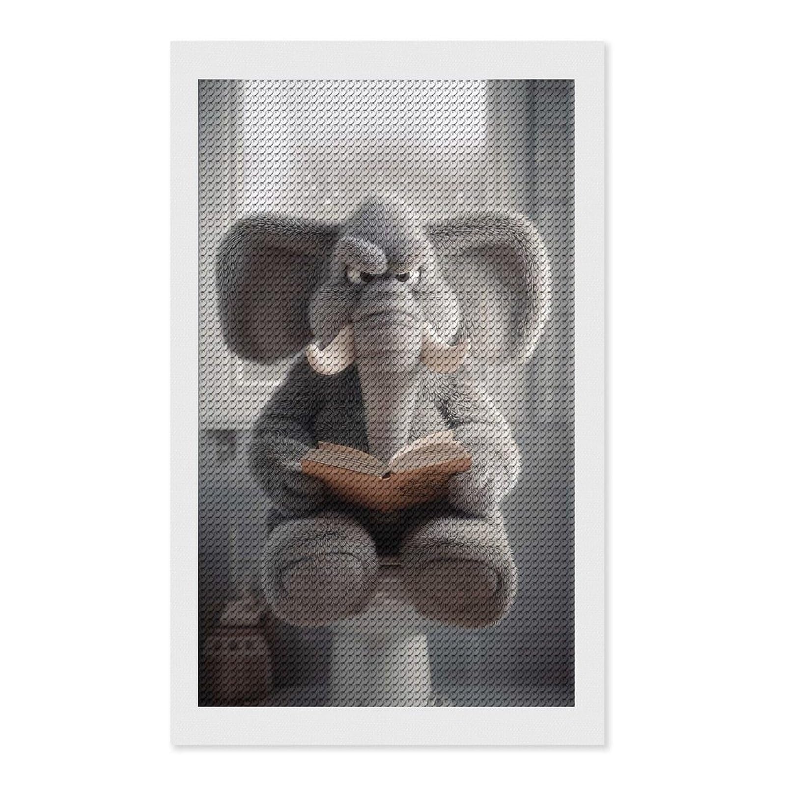 Junmoney Grumpy Elephant Reading on Toilet Diamond Art Canvas 12"x20", for Adults, Mindful Craft Activity, Modern Decor, Christmas Gift, Full Kit Included