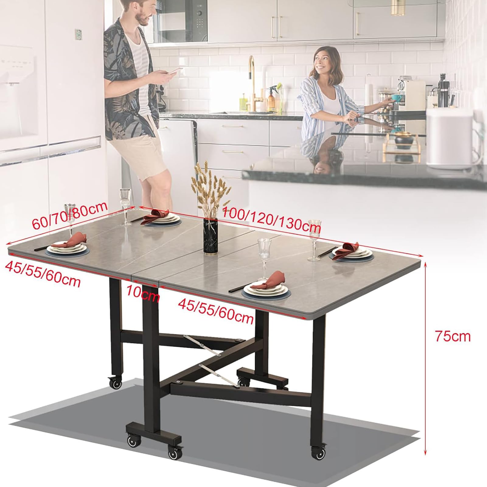 Table de salle à manger extensible avec 6 roulettes – Table de salle à manger en ardoise peu encombrante pour une utilisation polyvalente