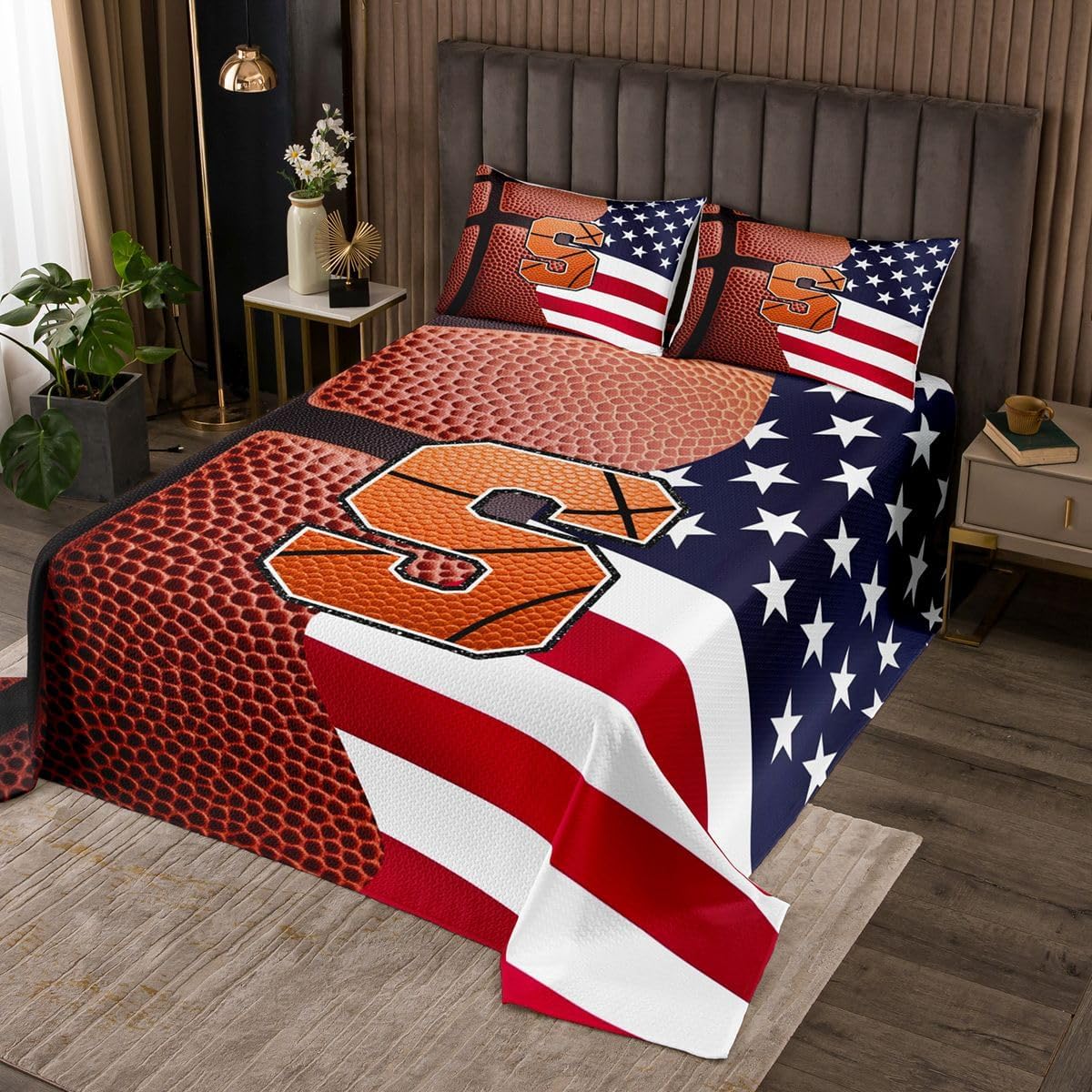 jejeloiu Basketball Initials I Bedspread 3 Pieces Queen Size American Flag Coverlet Set Soft Cozy Sports Ball Games Lightweight Quilted Coverlet for All Season with 2 Pillowcases Alphabet Letter