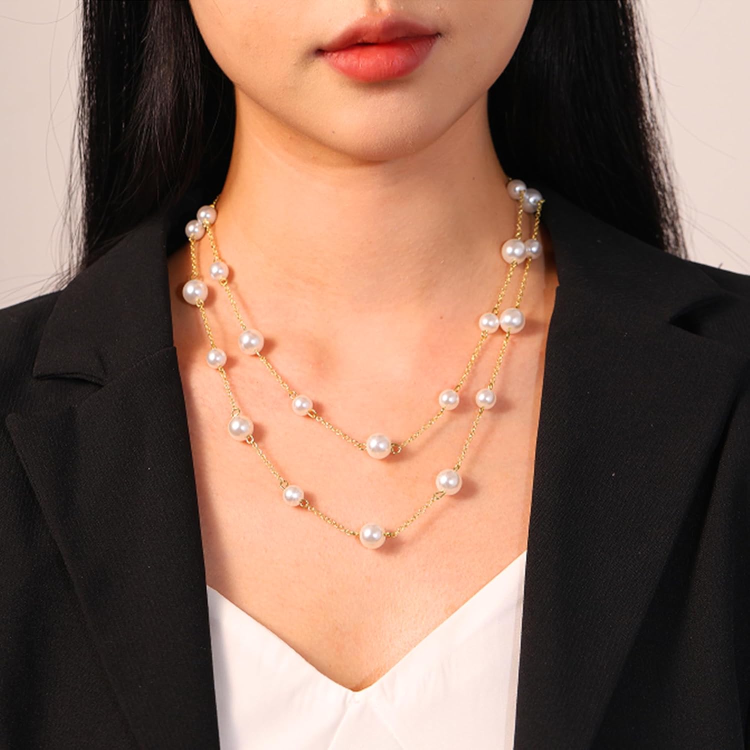 HERSIN Gold Necklace for Women Trendy, 14K Gold Plated Layered Chunky Pearl Necklaces for Women Dainty Double Layered Pearl Chain Choker Necklace Gold Jewelry Set for Women Gifts - Image 5