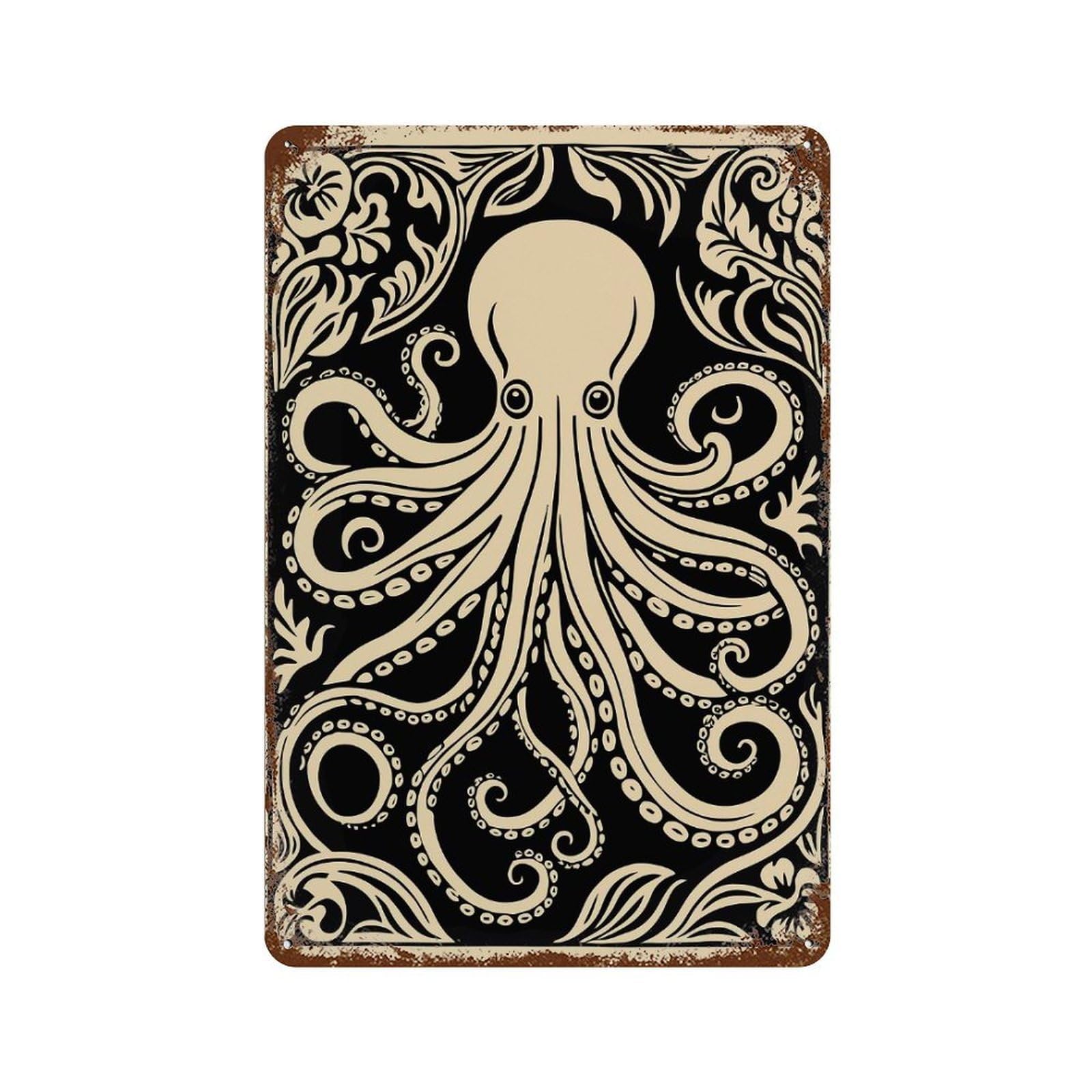 Aged Metal Wall Plaque with Octopus Art Nouveau Illustration Design 11.8"x7.9", for Shed, Workshop And Garage Wall Decor, Decorative Metal Wall Art