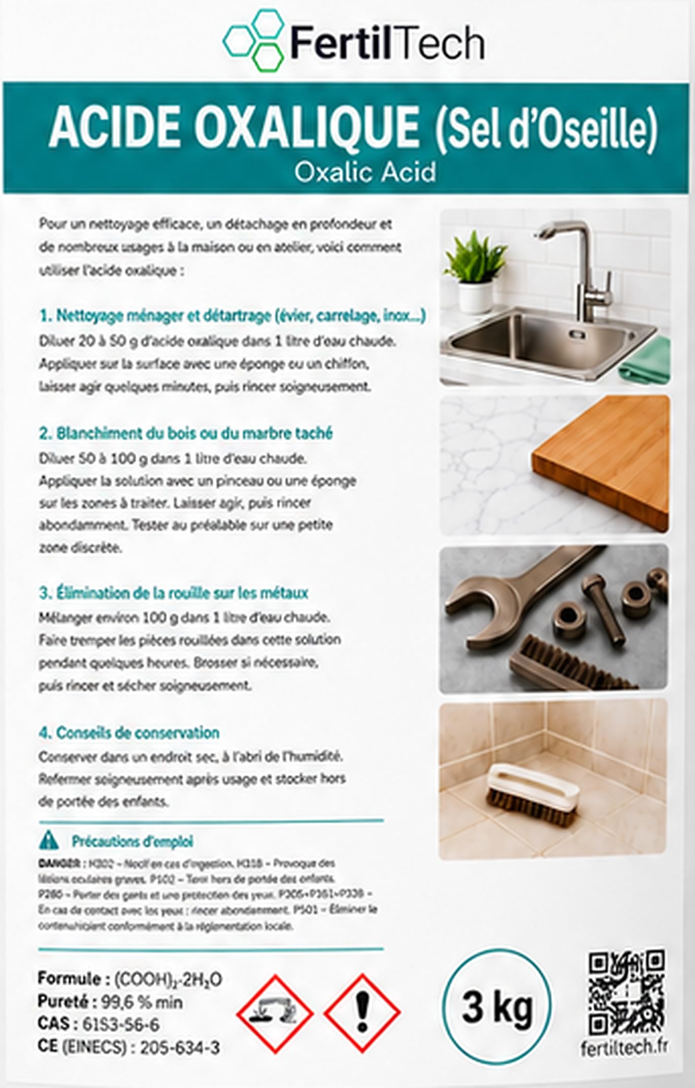 Ácido oxálico 3 kg – Sal de trébol de alta pureza ≥ 99,6 % | Potente limpiador para madera, mármol, aluminio, metales y suelos, para el hogar, taller, renovación, bricolaje