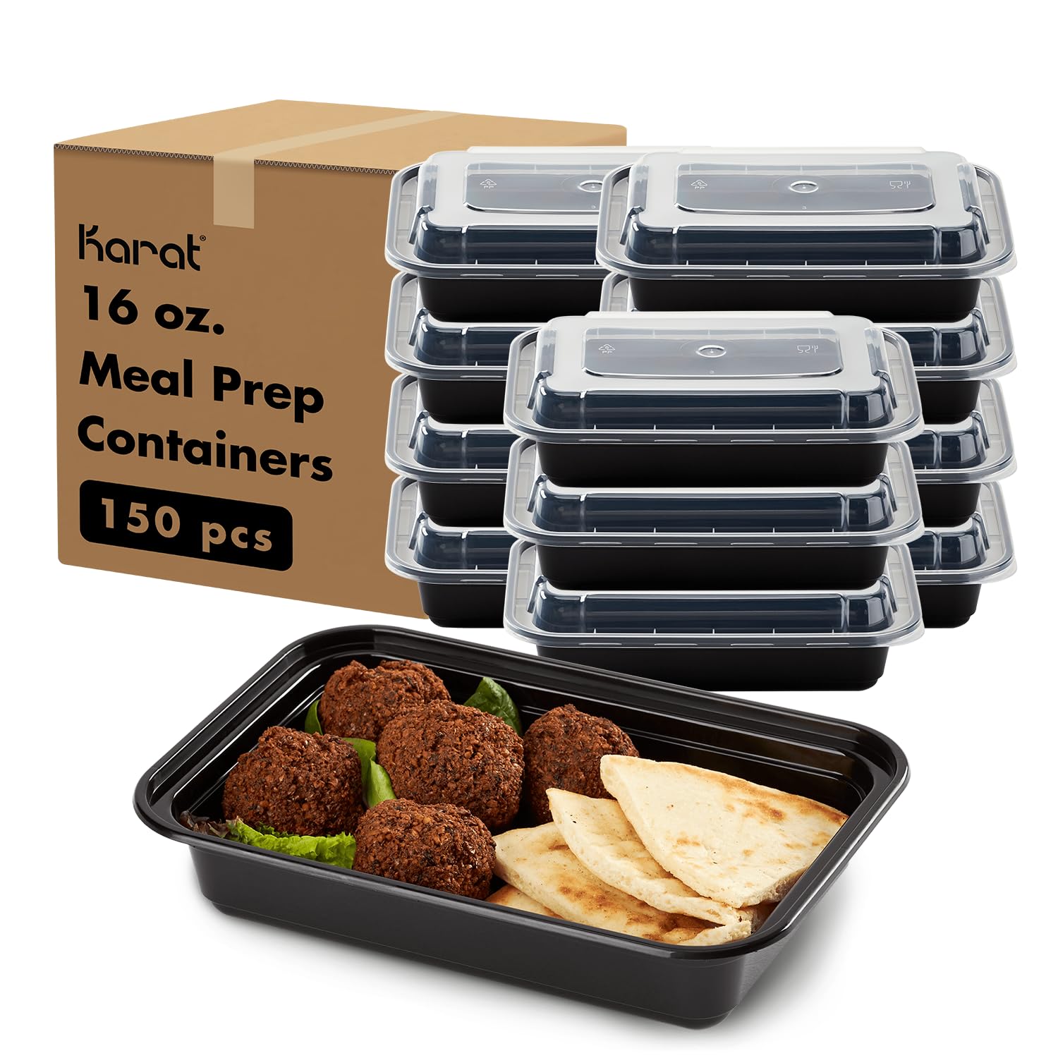 Karat Meal Prep Containers [16 oz - 150 ct] Reusable & Disposable Take Out Containers with Lids - Microwave & Dishwasher Safe Bento Boxes
