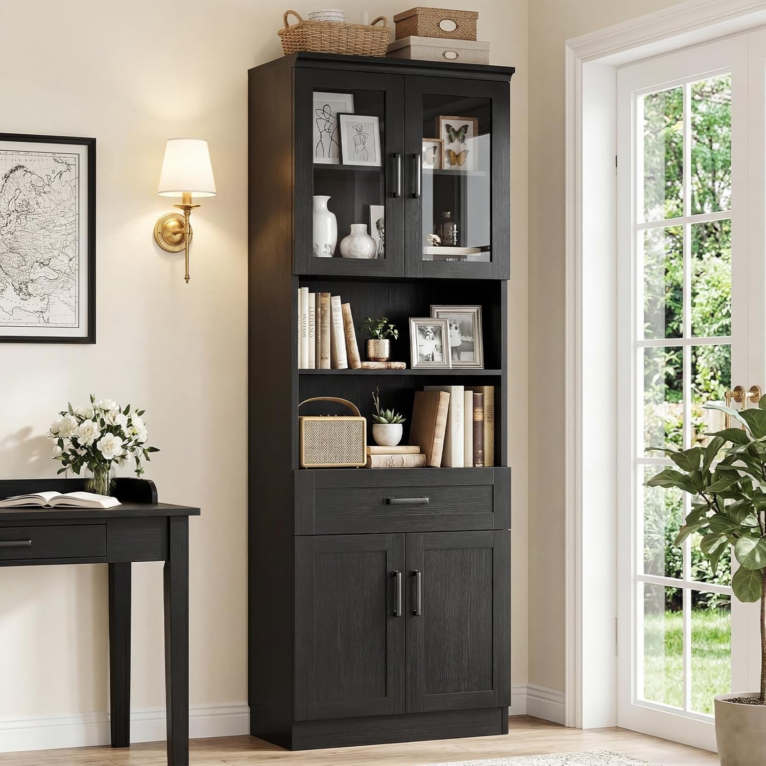 Unikito 79.7" Tall Kitchen Pantry Storage Cabinet, Freestanding Kitchen Hutch Cabinet with Glass Door, Adjustable Shelves and Drawer, Display Bookcase for Living Room, Dining Room, Bathroom, Black