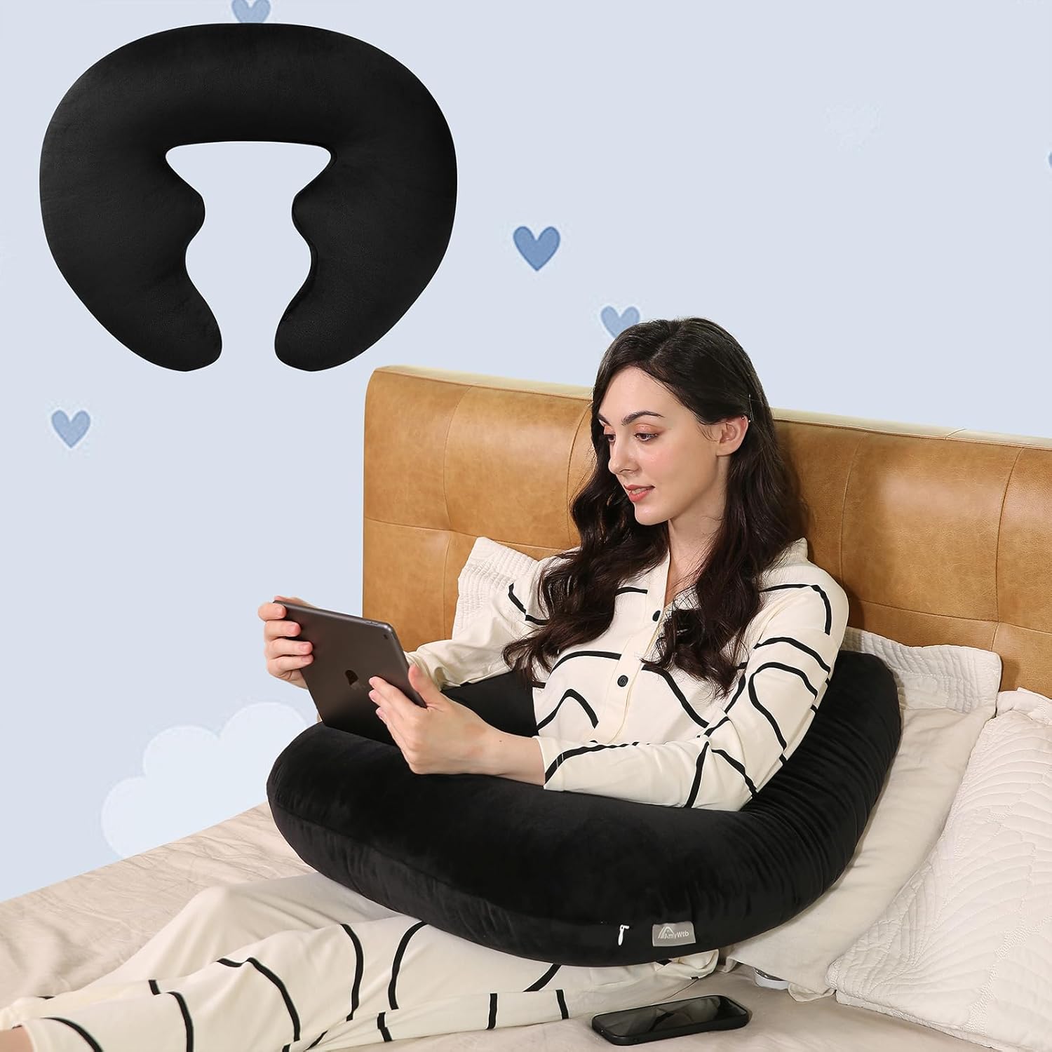 Ergonomic U-Shape Gaming & Lap Pillow - Crochet Pillow & Reading Support Pillow with Arm Relief, Comfort for Gamers, Crafters & Book Lovers (Black)