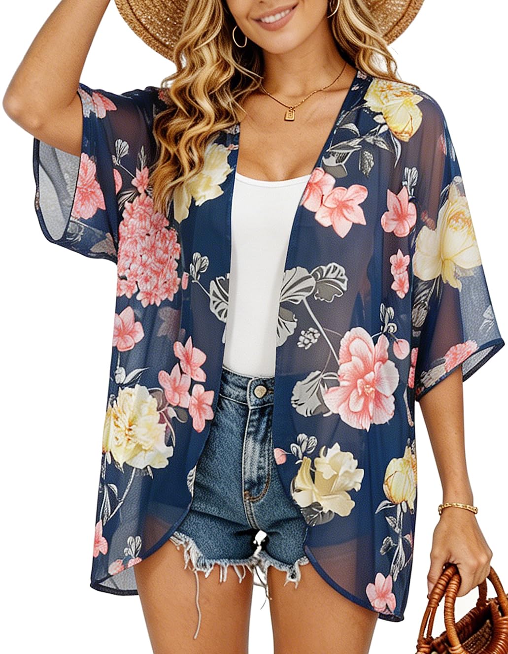FINOCEANS Womens Floral Chiffon Kimono Cardigans Loose Beach Cover Up Half Sleeve Tops