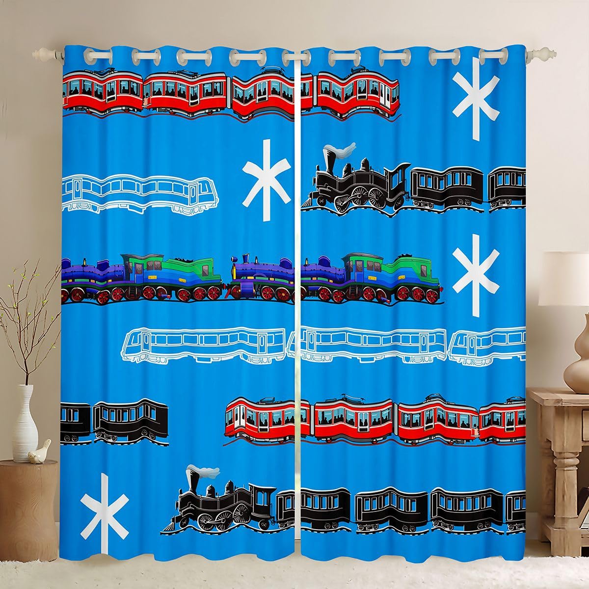 Train Kids Boys Curtains Retro Steam Engine Toddler Window Curtains for Bedroom Living Room for Teens Railway Track Transport Window Drapes Red Blue