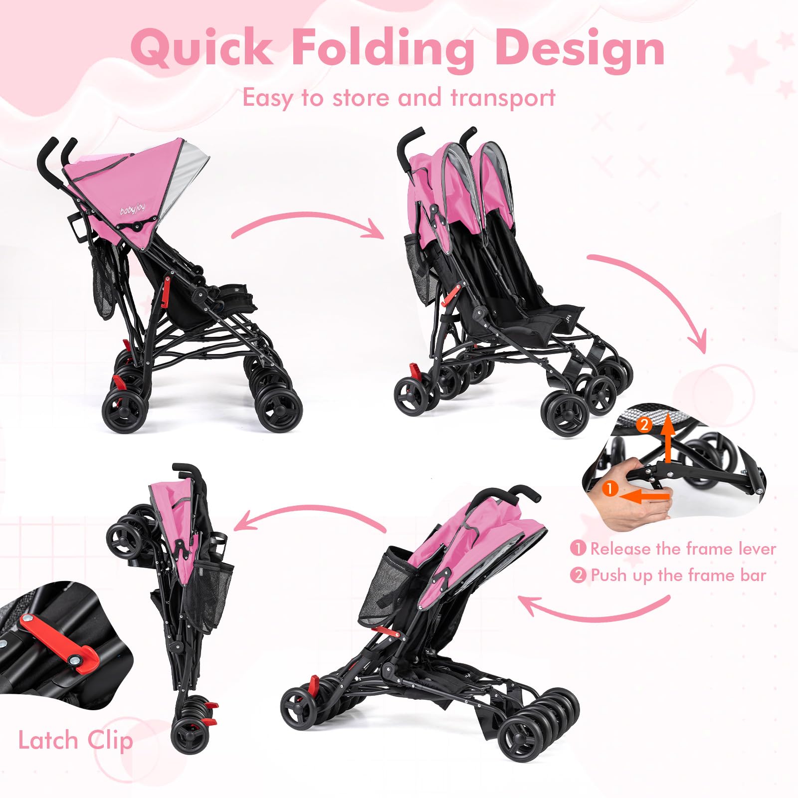 Cochecito Joie Junior Baby Dolly Para Muñecas – Plegable, Con Capota Ajustable Y Delantal Extraíble – Altura 60,5 Cm – Rosa Y Negro – +3 Años