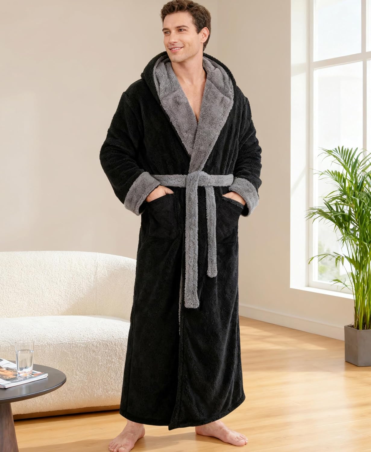 Yoimira Mens Robe with Hood, Big and Tall Plush Fleece Long Robe for Men Full-Length Bathrobe Cozy and Warm With Pockets - Image 6