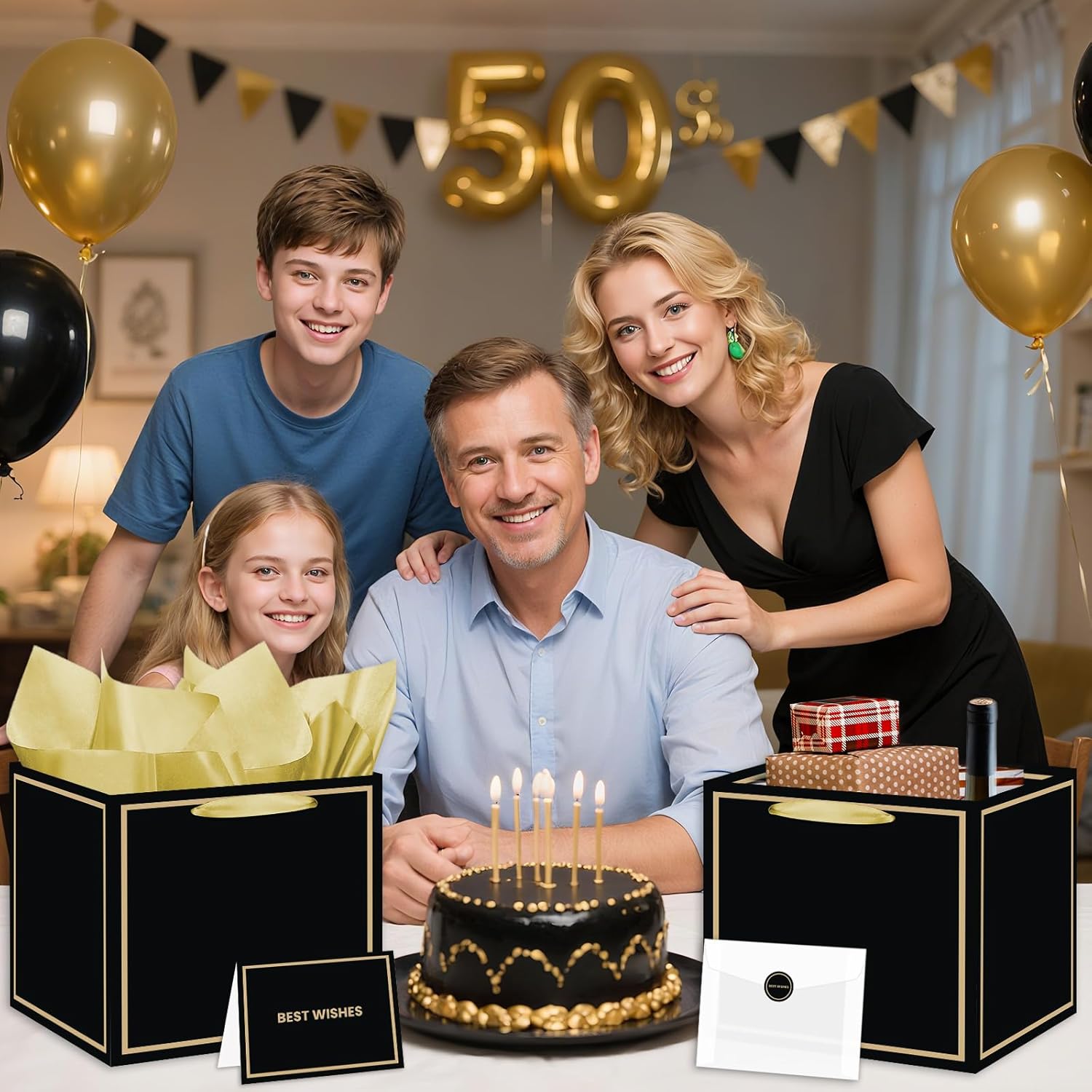 Extra Large Black Gold Gift Bag Square Big Birthday Bag for Men Women with Wrapping Paper Card Sticker Envelope for Wedding Anniversary Retirement Baby Shower Christmas Gifts Party Favors Decorations - Image 4