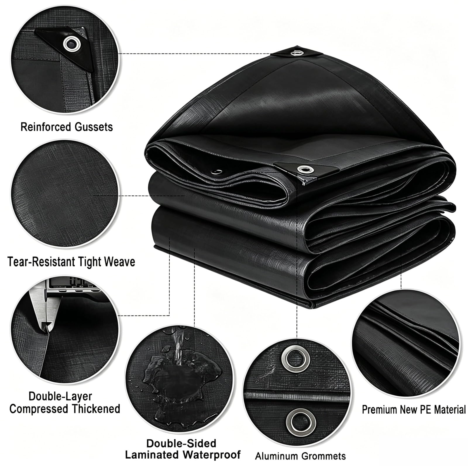 Plandeka Osłonowa 200 x 220 cm Odporna Na Anti UV I Rozdarcia Wzmocnionymi Krawędziami Wodoodporna Płachta Plandekowa Do Samochodu Basenu Biwakowania Mebli Drewnianych, Czarny