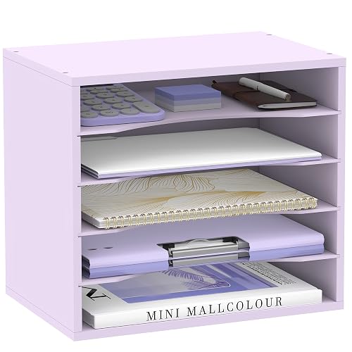SUPEASY Wood Desk Organizer, 5 Tier Paper File Organizer for Desk, Wooden Desktop Organizer, Paper Letter Literature Mail Sorter, for Office School & Home Organization, Purple | Wooden Desktop Organizer for Sorting Papers, Letters and Mails, Literature Organizer for Home Office, Classroom Organization - Purple - 9.1" x 13.4" x 12"