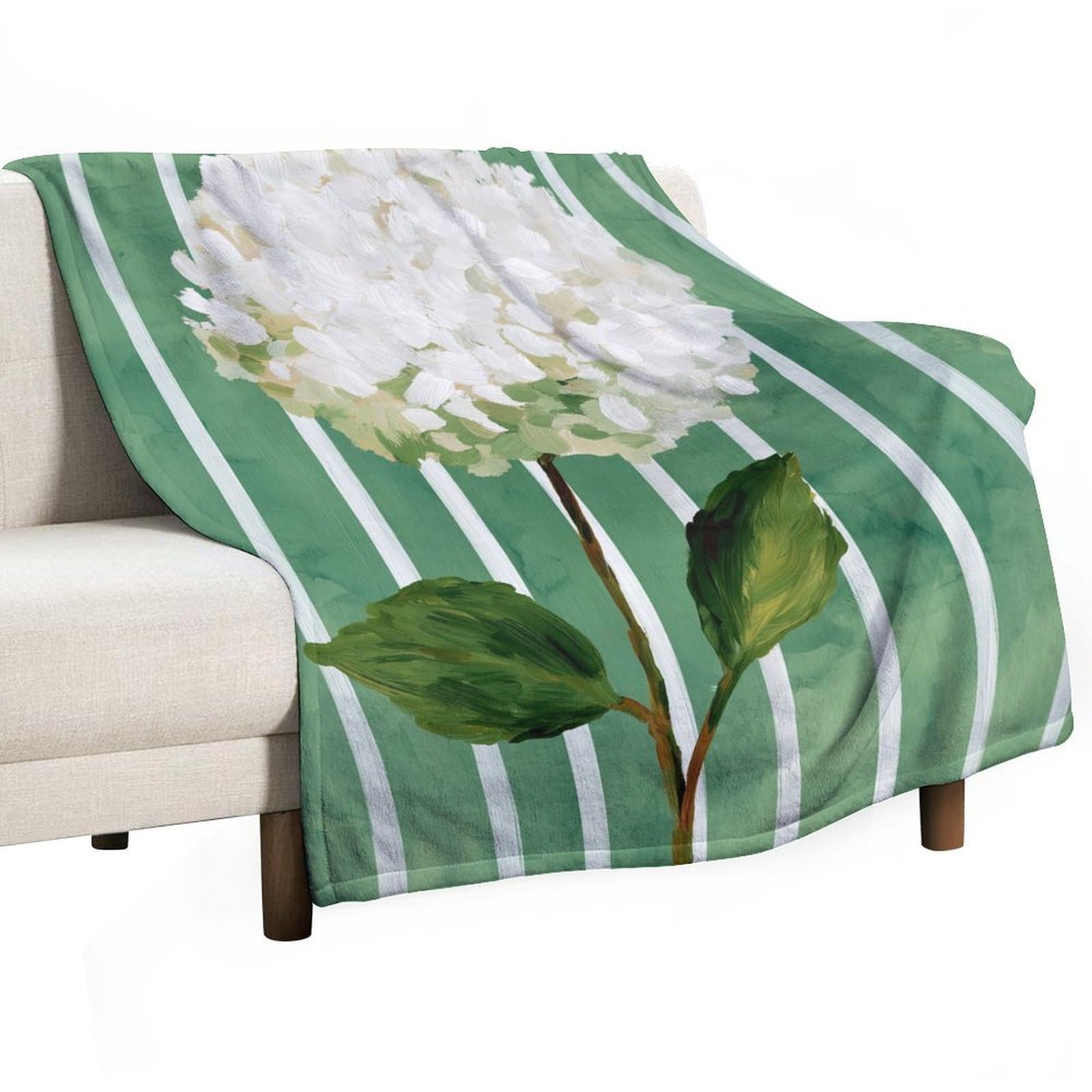 Jubonexis White Hydrangea on Sage Green Lines Anti Pilling Throw Blankets Cozy Durable Blanket for Bedroom Living Rooms Couch Sofa Bed 130x150cm(50x60in)