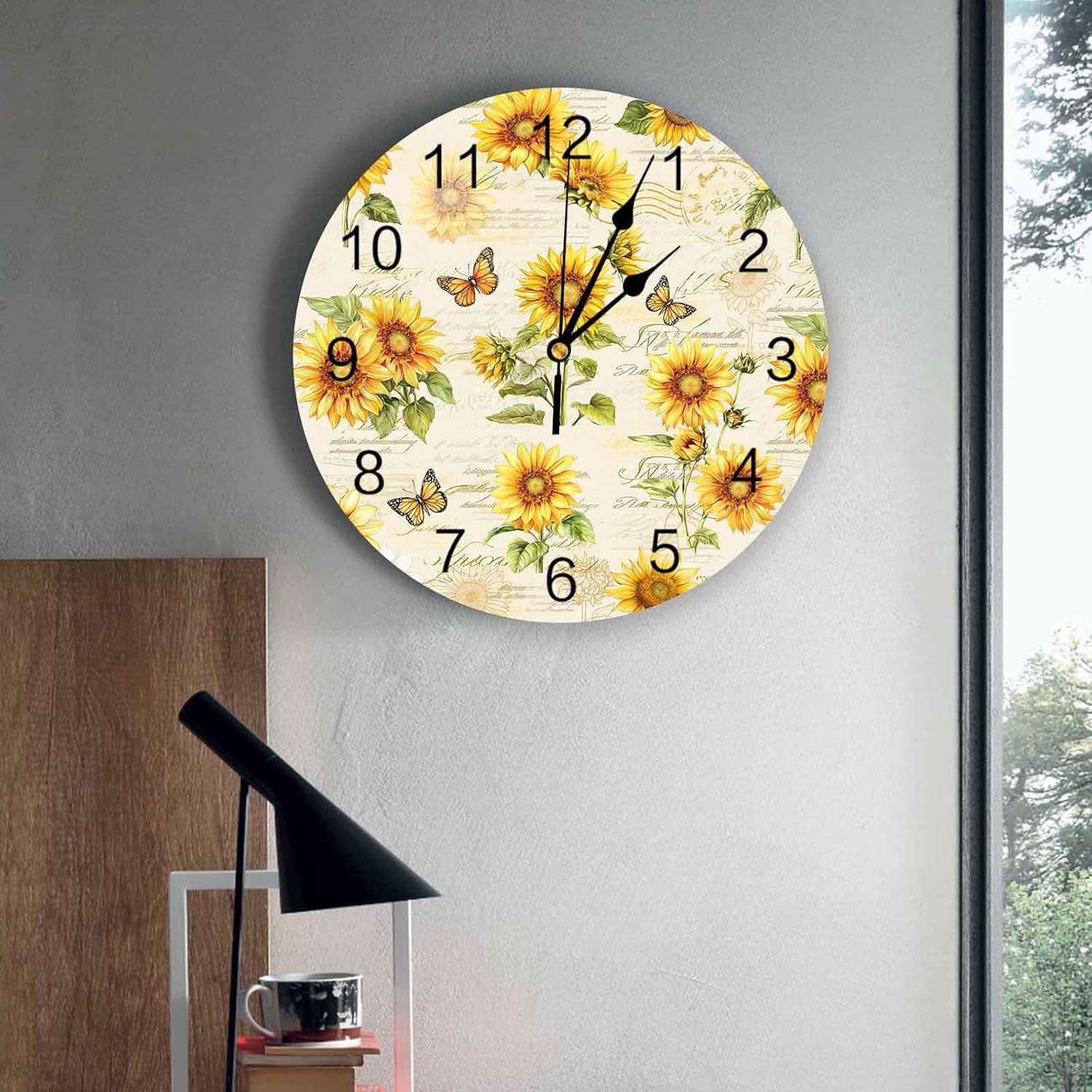 Sunflower Wall Clock 10 Inch Silent Non-Ticking Battery Operated Kitchen clocks, Butterfly Farm Country PVC Round Clock for Living Room, Bedroom, Kitchen, Office, Bathroom, Outdoor, School Home Decor