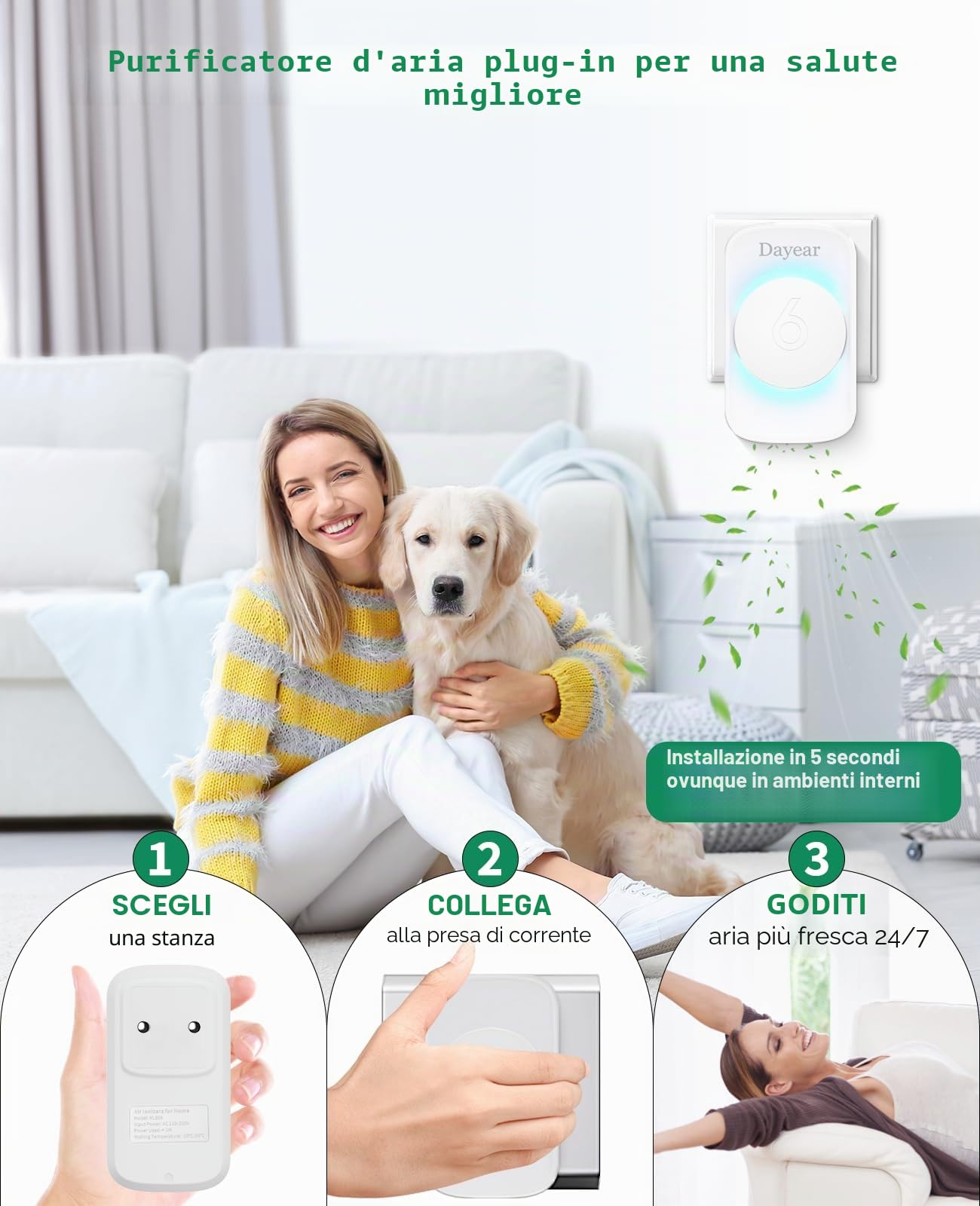 Purificatore d'aria per Bedroom, Dayear Mini Air Purifier Plug-in Negative Ion Air Purifier per la casa, 3 modalità di illuminazione a LED,adatto per servizi igienici, Living Room/Pet Room/4 pezzi