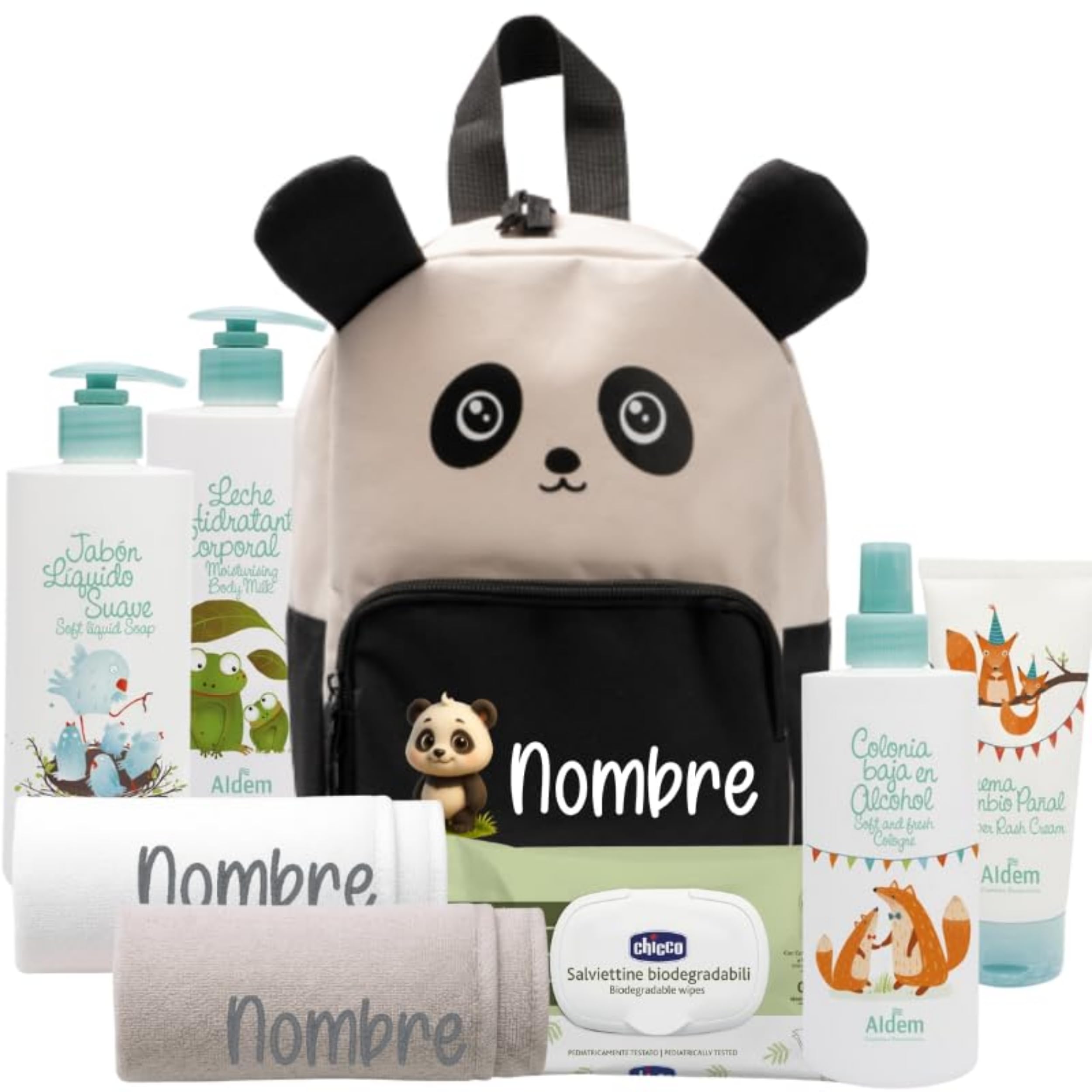 Set Guardería Bebé Personalizado con Mochila, Toallas Bordadas y Set de Higiene, Regalo para Bebé con Diseño de Animalitos (Panda)