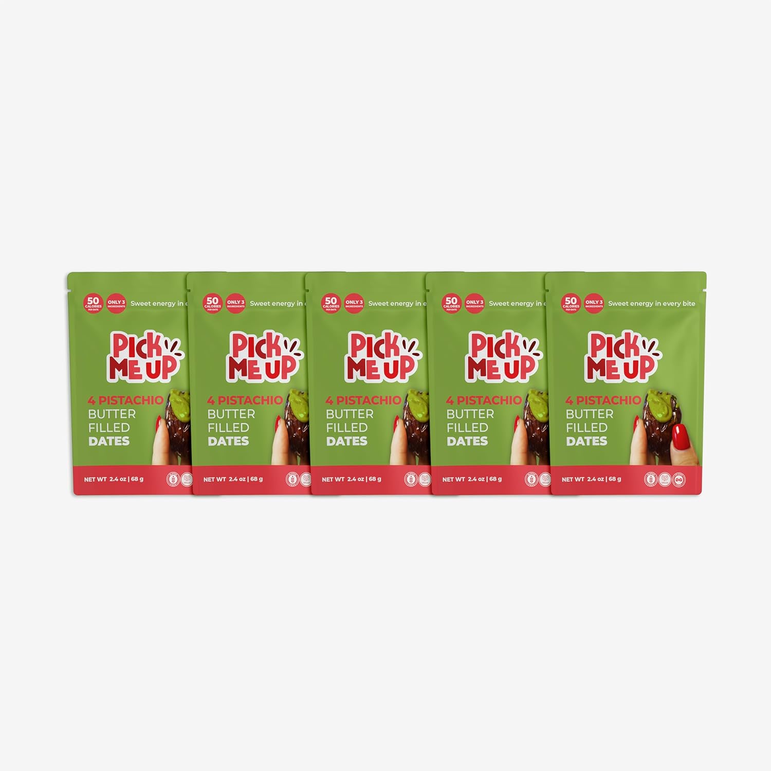 Pick Me Up Snacks – Organic Medjool Dates, Pitted and Filled with Creamy Pistachio Butter – 4 Dates per 2.4 oz Pack – Vegan, Gluten-Free, No Added Sugar – Healthy On-the-Go Energy Snack – Pack of 5 pouches (20 stuffed dates)