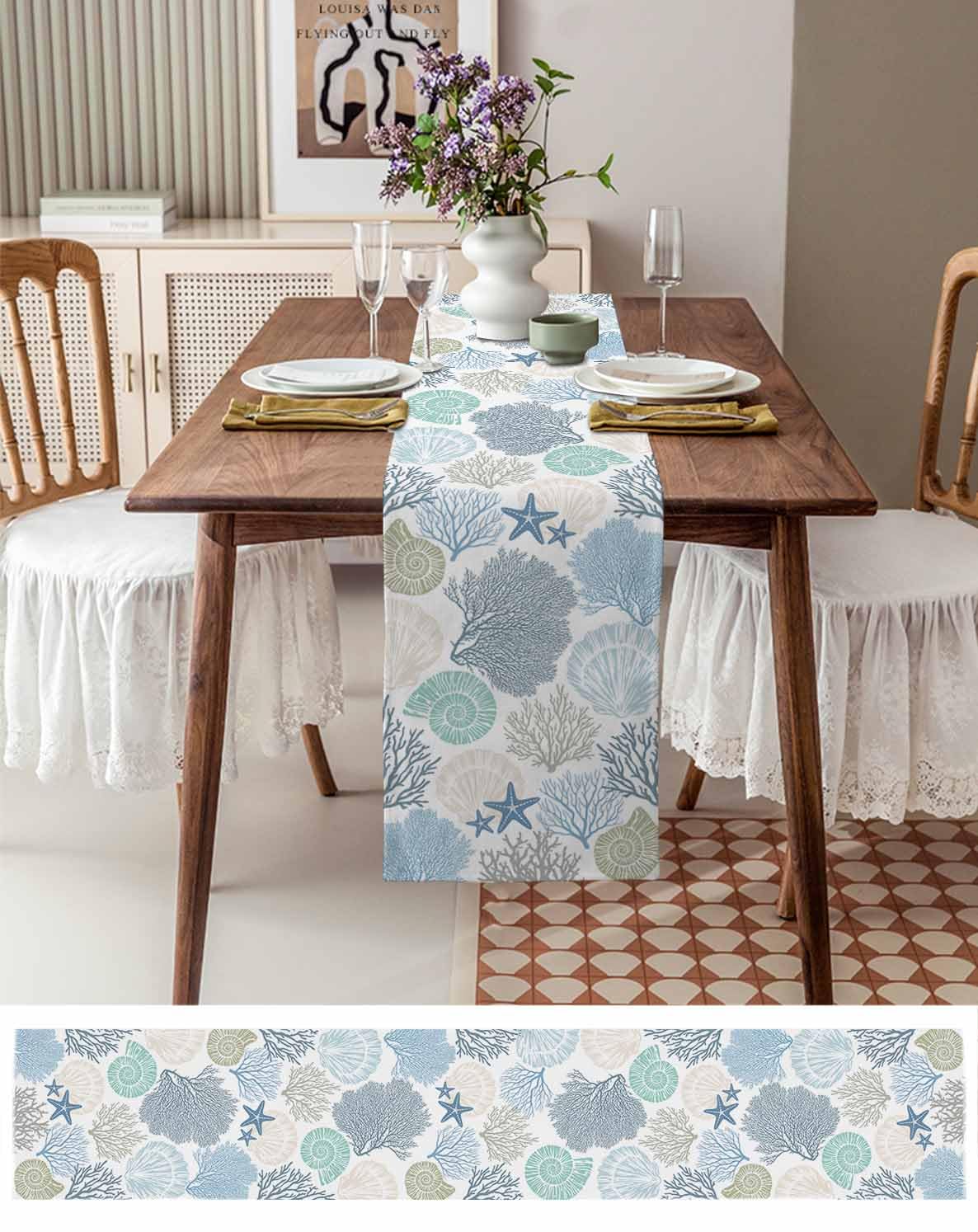 RisQiten Coastal Table Runner - Blue Teal 90" Long, Cotton Linen Blend, Starfish Coral Nautical Design