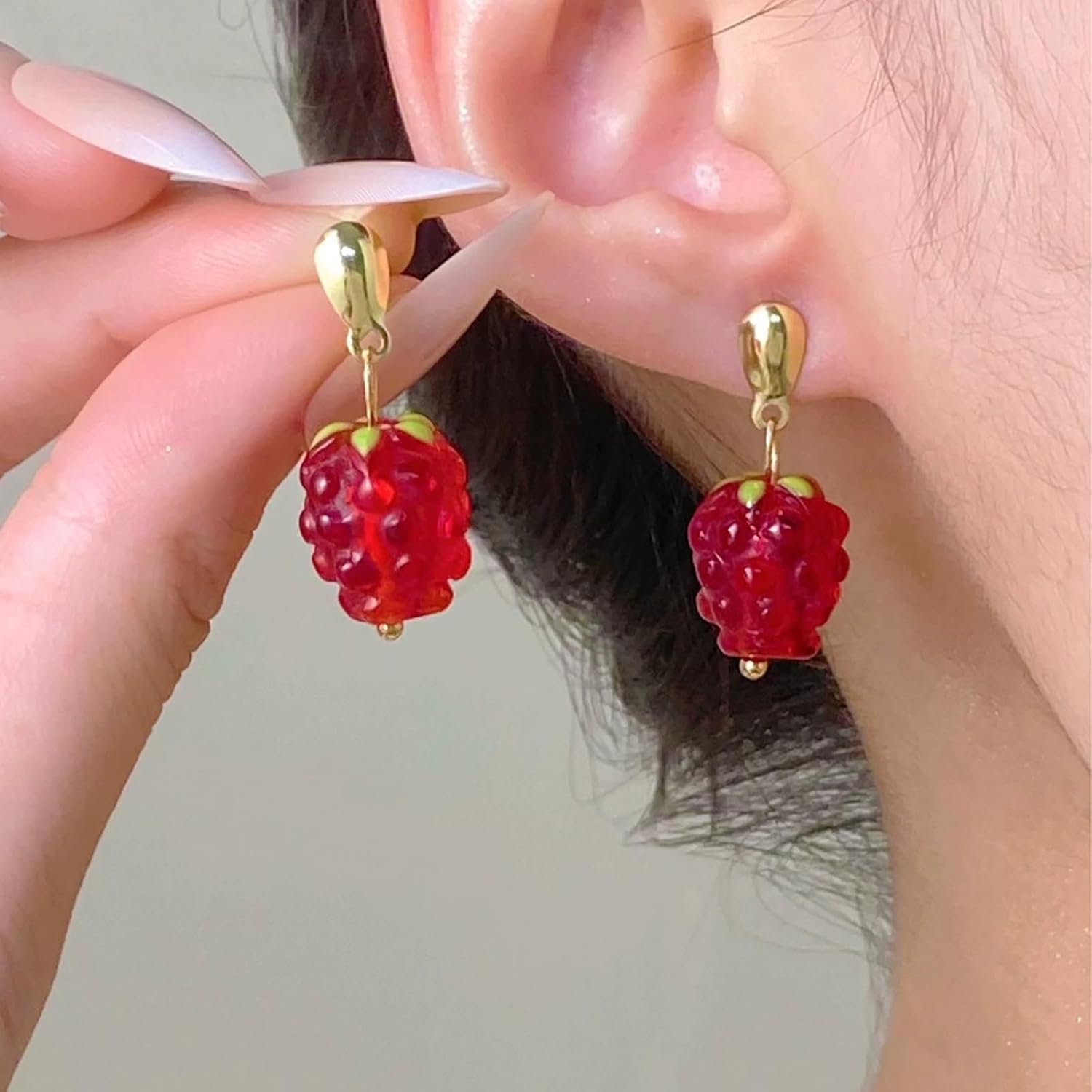 Bohemian Grape Dangle Earrings Red Acrylic Grape Drop Earring Red Enamel Raspberry Fruit Earring Small Resin Fruit Stud Earrings Jewelry for Women - Image 5