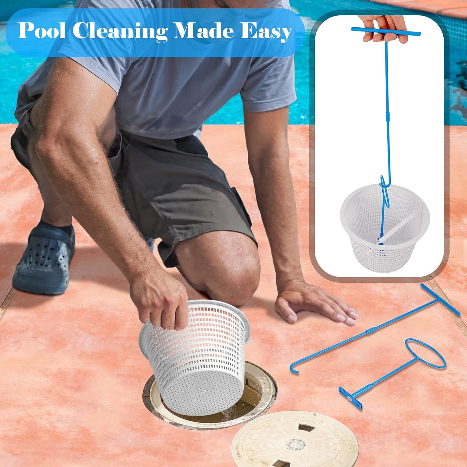 2pcs 8'' Inground Pool Skimmer Basket Replacement with 2pcs Skimmer Basket Handle and 1pcs Hook,Pool Cleaning Tools & Accessories for Debris and Leaves Removal