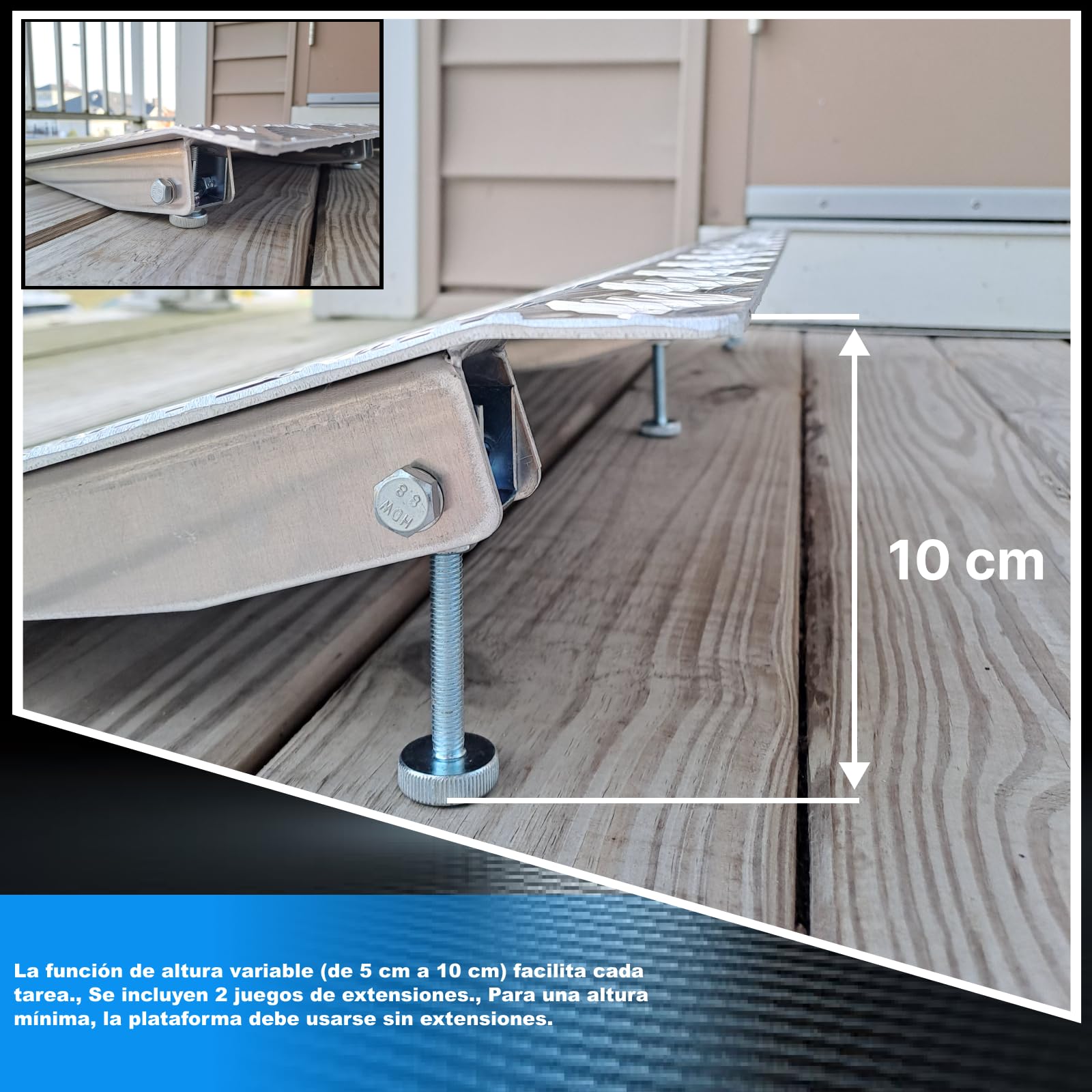 Rampa Umbral Rígida para Sillas de Ruedas Plataforma de Carga Altura Variable Regulable Superficie Antideslizante Aluminio Anodizado 1TR90
