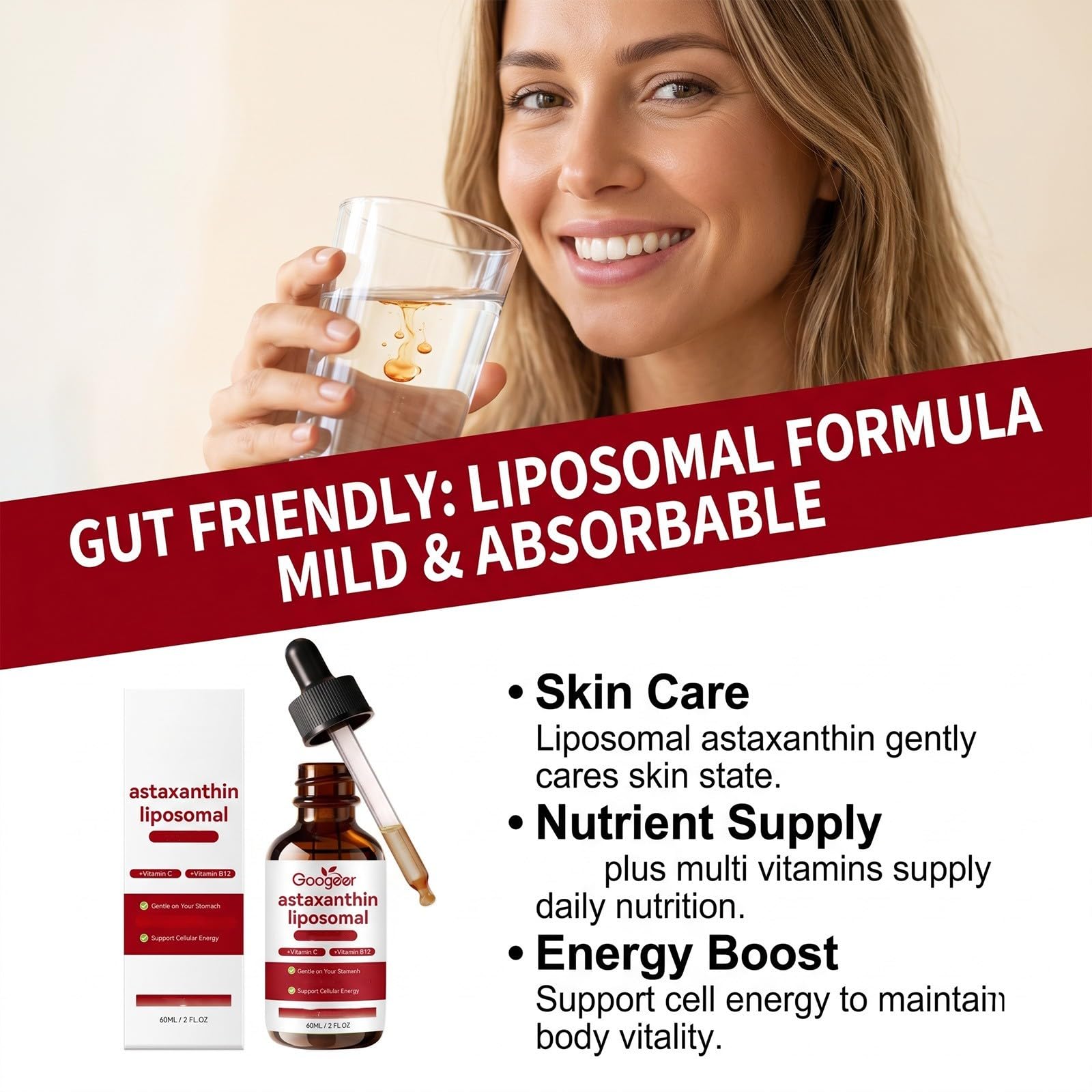 Liposomales Astaxanthin Liquid – Haut- und Augenunterstützung, 2 FL OZ | Frische Mikroalgenquelle – Vitamin C und E – unterstützt das Immunsystem, die Vitalität, gentechnikfrei, glutenfrei, alkoholf