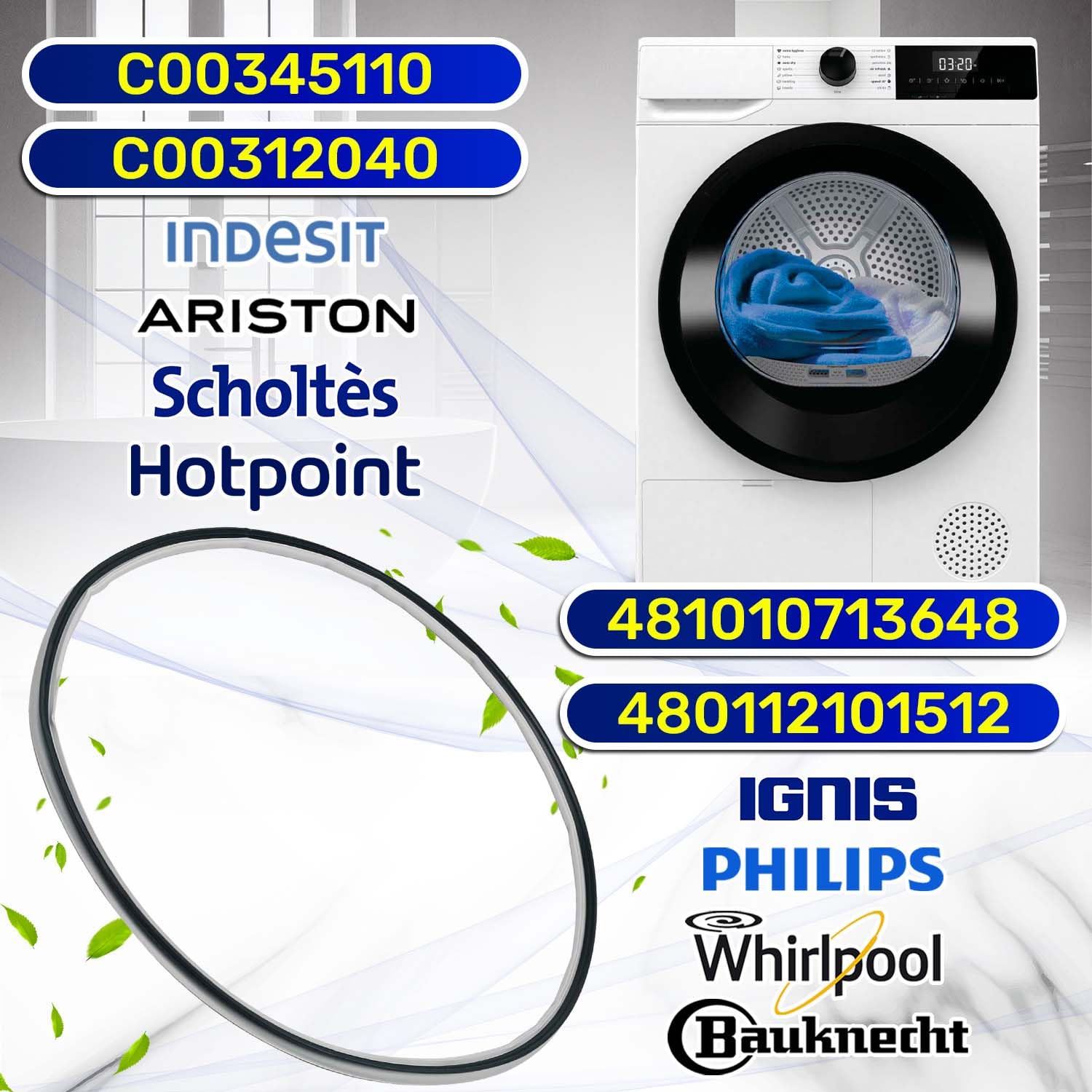 Der Türdichtung Trockner Hat den Originalcode C00345110 480112101512 481010713648 für Whirlpool für Indesit für Bauknecht - Garantie 10 Jahre - MONTERAL