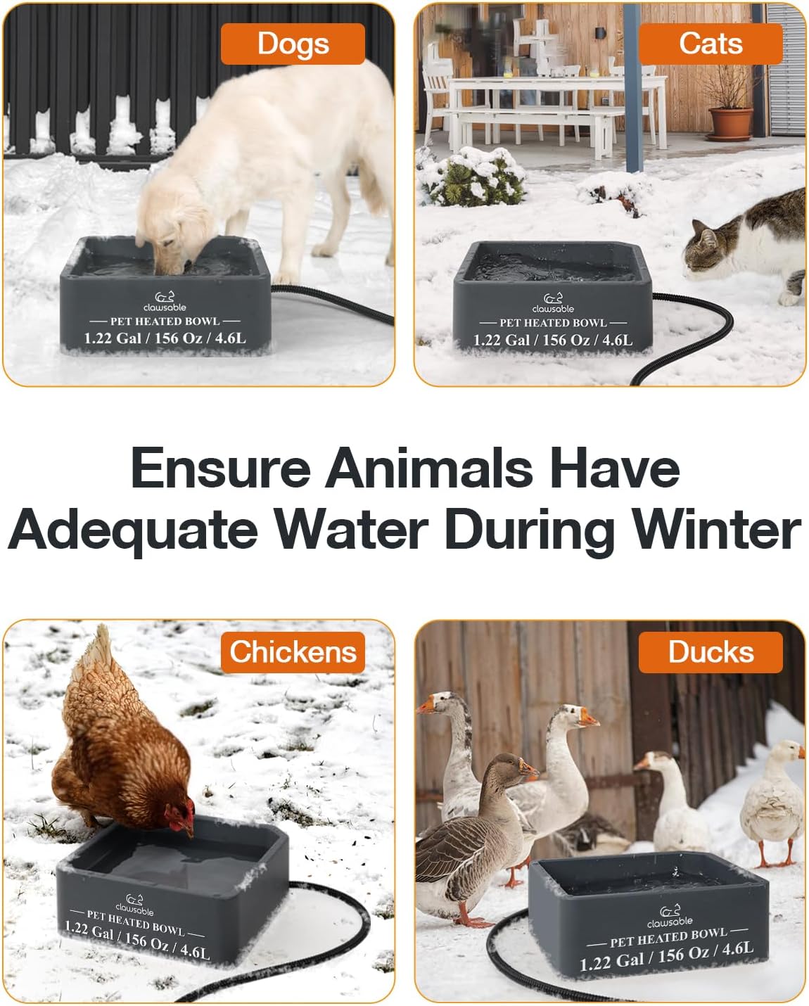 Clawsable Large Heated Dog Bowl for Outdoor Dogs Cats, Heated Water Pet Dish with 78.4" Chewproof Cord, Water Thermal-Bowl for Rabbit, Chicken, Squirrel (Gray, 155Oz)
