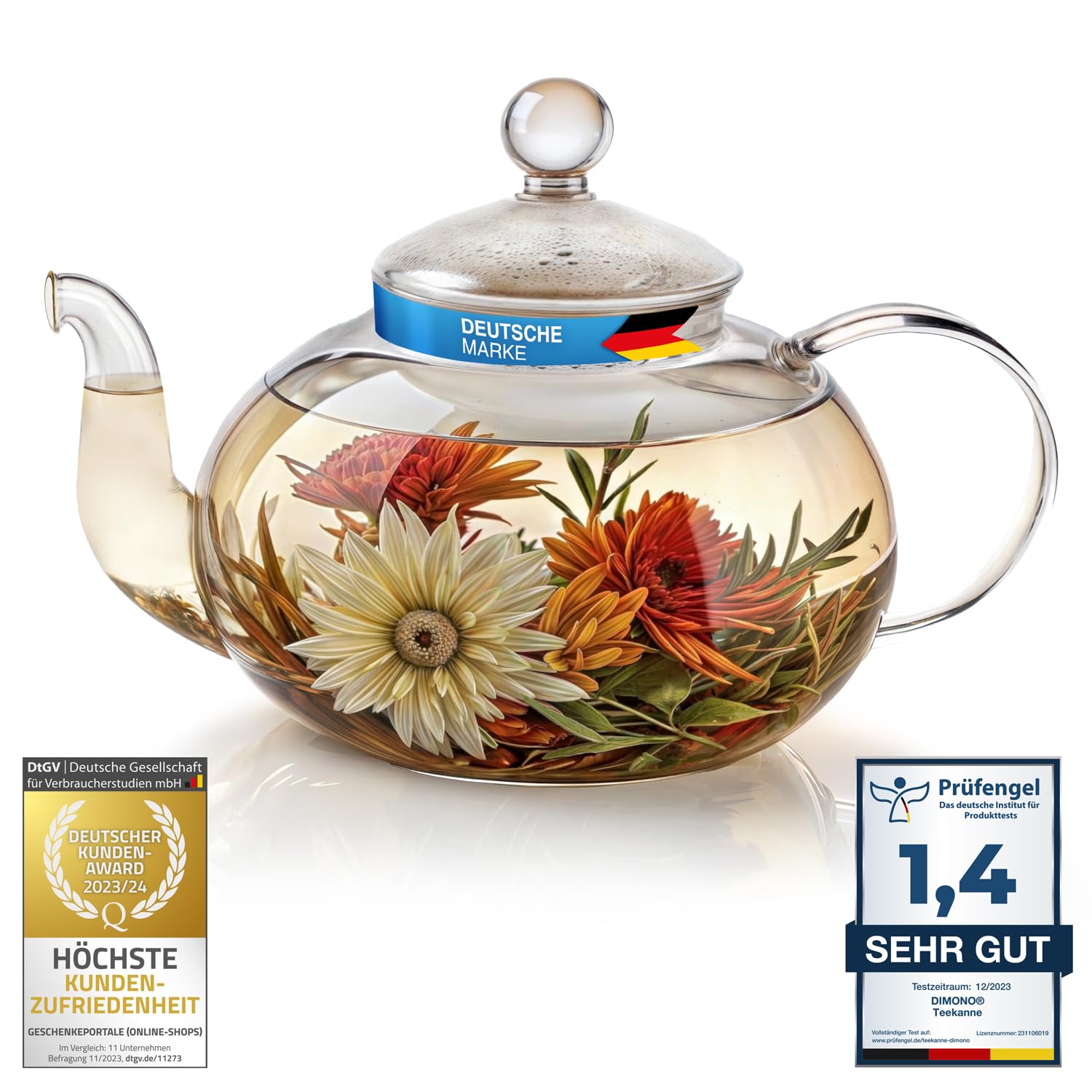 DIMONO® Szklany Dzbanek do Herbaty 600 ml z Sitkiem i Filtrem | Szklane czajniczki - szkło borokrzemianowe, ręcznie dmuchane, z pudełkiem prezentowym - idealny na prezent