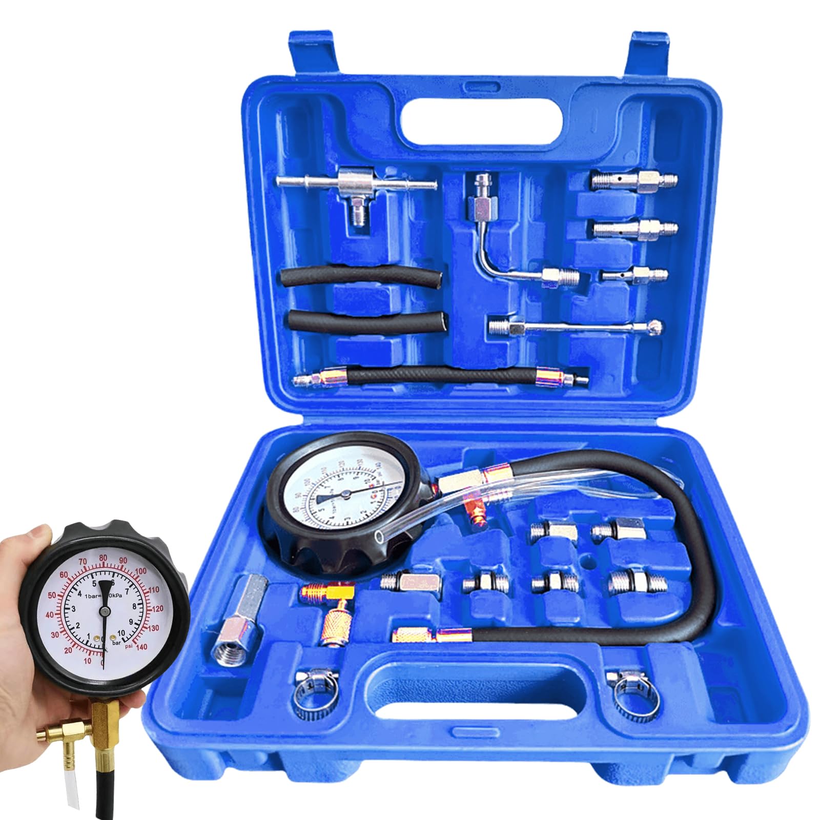 0-140 PSI Manómetro de combustible Tester: Kit TU-114 de prueba de presión de combustible, probador de presión de bomba de inyección, herramienta de diagnóstico para coches, camiones y motocicletas a