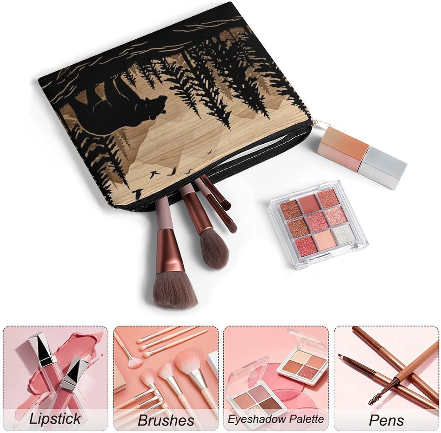 Wood Bear Mountain Makeup Bag Travel Cosmetic Bag image 3
