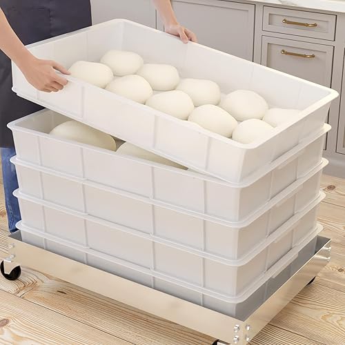 Miniatura 5 de Caja comercial plástica de la prueba de la masa de la pizza, contenedor apilable blanco de la pizza con la tapa, paquete de 4