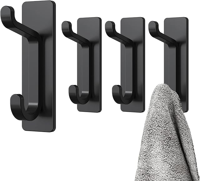 pickpiff Black Self Adhesive Hooks, Sticky Hooks Extra Strong, Hanging up to 6KG, Waterproof Heavy Duty Stick on Wall Door, for Towel Coat Hat Purse in Bathroom Shower Kitchen, Anti-Rust, 4 Pack