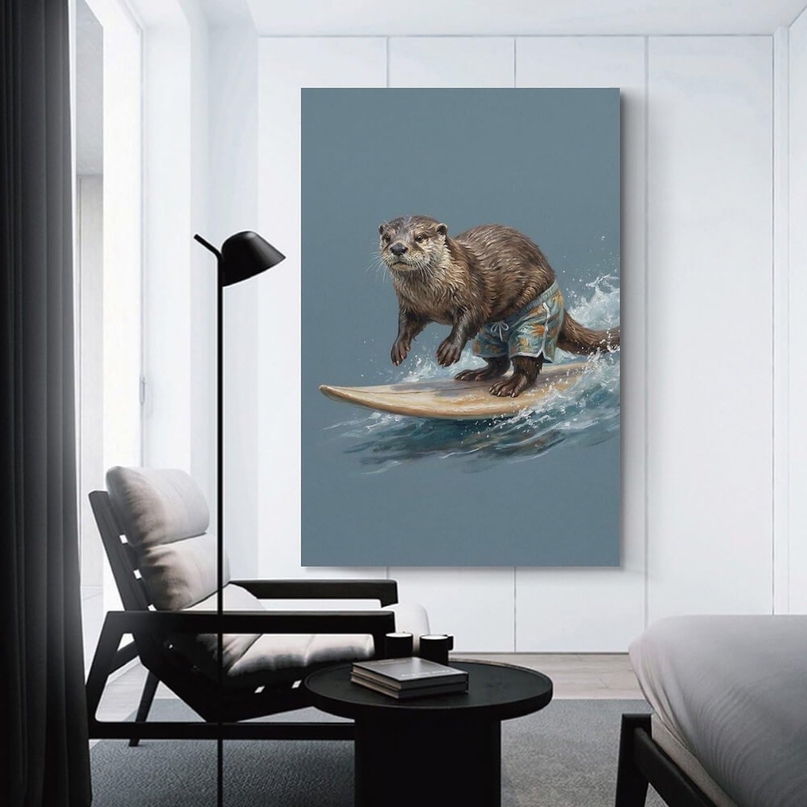 Junmoney Canvas Wall Art Surfing Otter in Hawaiian Shorts, 20x30inch(50x75cm), for Bedroom, Guest Room Or Reading Nook, Canvas Wall Decor for Personal Spaces