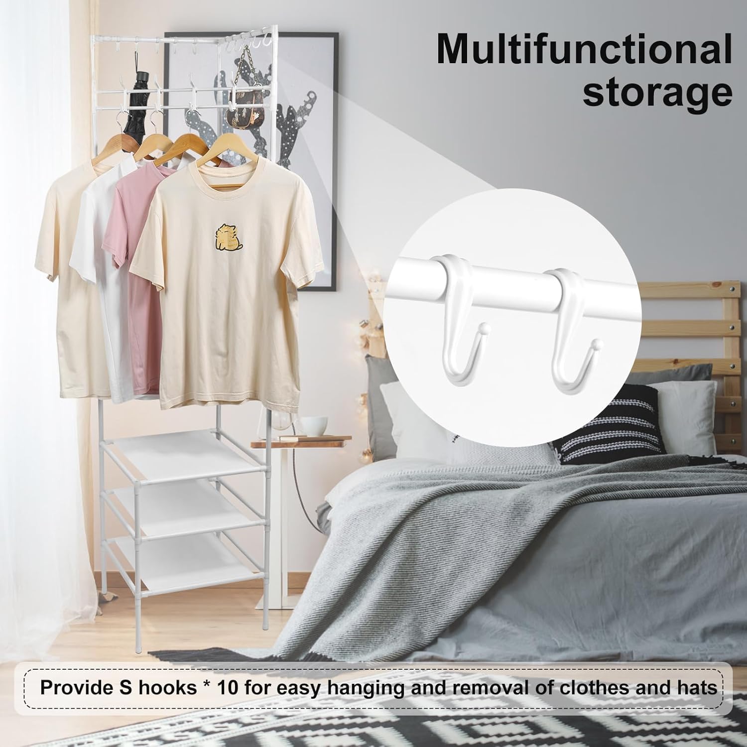 Corner Hall Tree, Freestanding Coat Rack with 3 Tier Shoes Rack Storage and 10 Movable Hooks, Corner Storage Organizer, Metal Entryway Coat Rack, Waterproof Corner Organizer Coat Rack for Home (White)