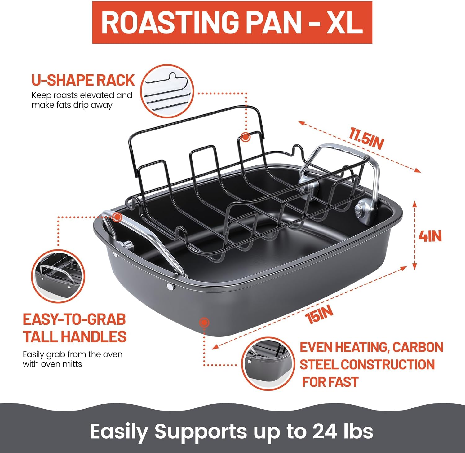 24lb Carbon Steel Nonstick Roasting Pan with Rack - BPA Free, Leak-Proof, 450°F Heat Resistant (11.5x15x4in) | Oil-Draining, Dishwasher Safe for Thanksgiving Christmas Turkey
