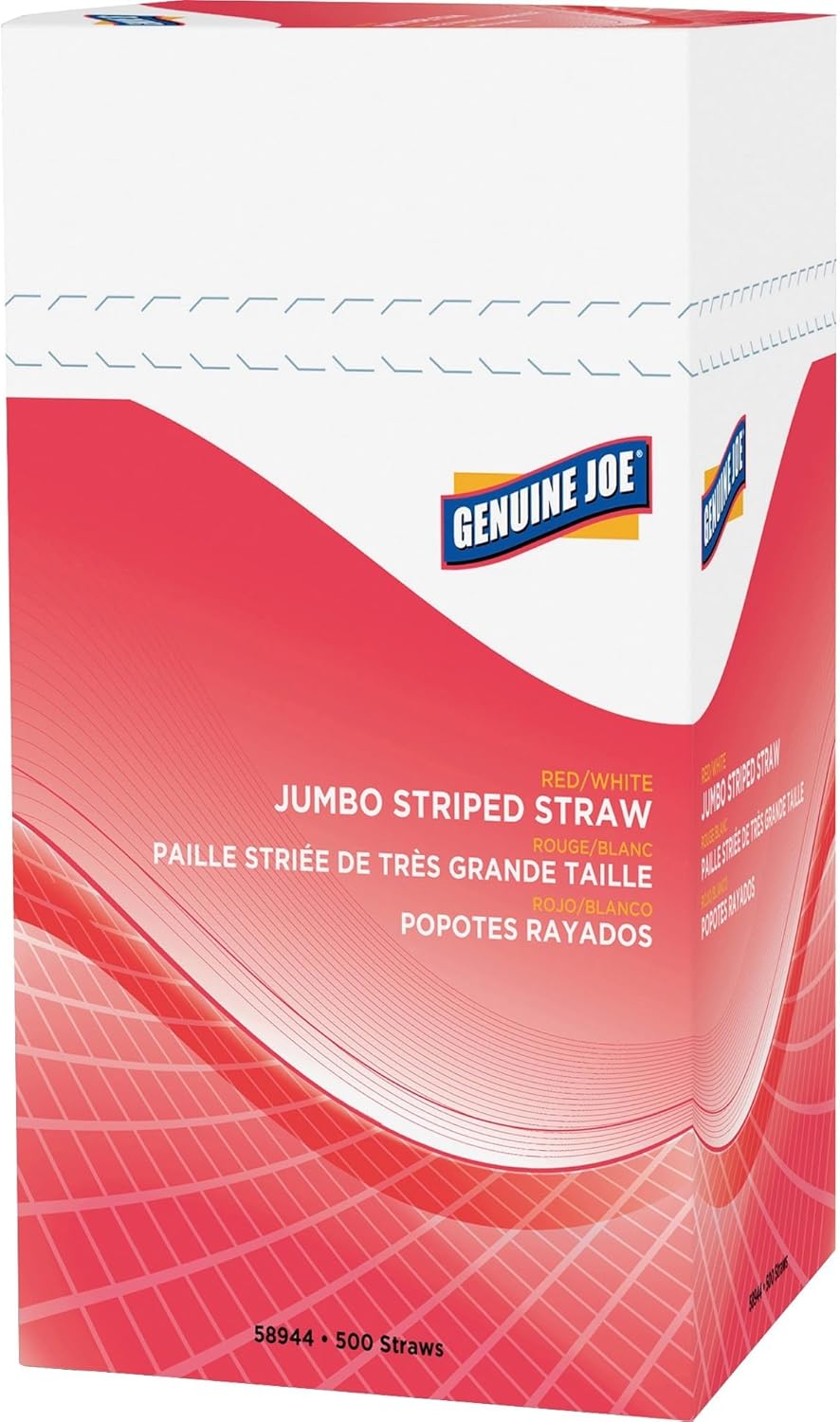 Genuine Joe Jumbo Striped Drinking Straw, 7.8" Length, Red/White, 500/Box, 24 Count