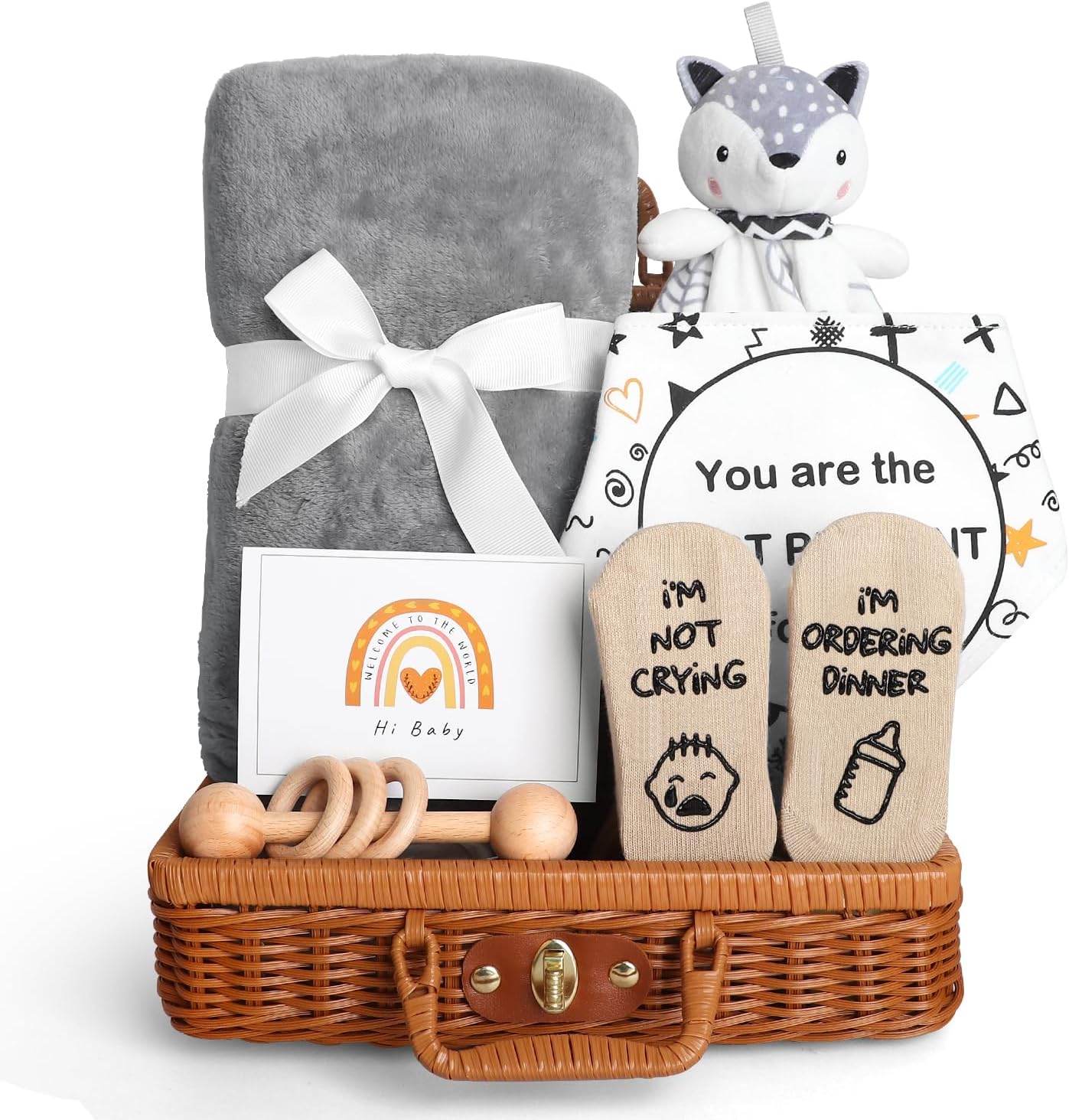 Baby Shower Gifts, New Born Baby Gifts for Girls Boys, Unique Baby Gifts Basket Essential Stuff - Baby Lovey Blanket Newborn Bibs Socks Wooden Rattle & Greeting Card, Newborn Baby Gift Set