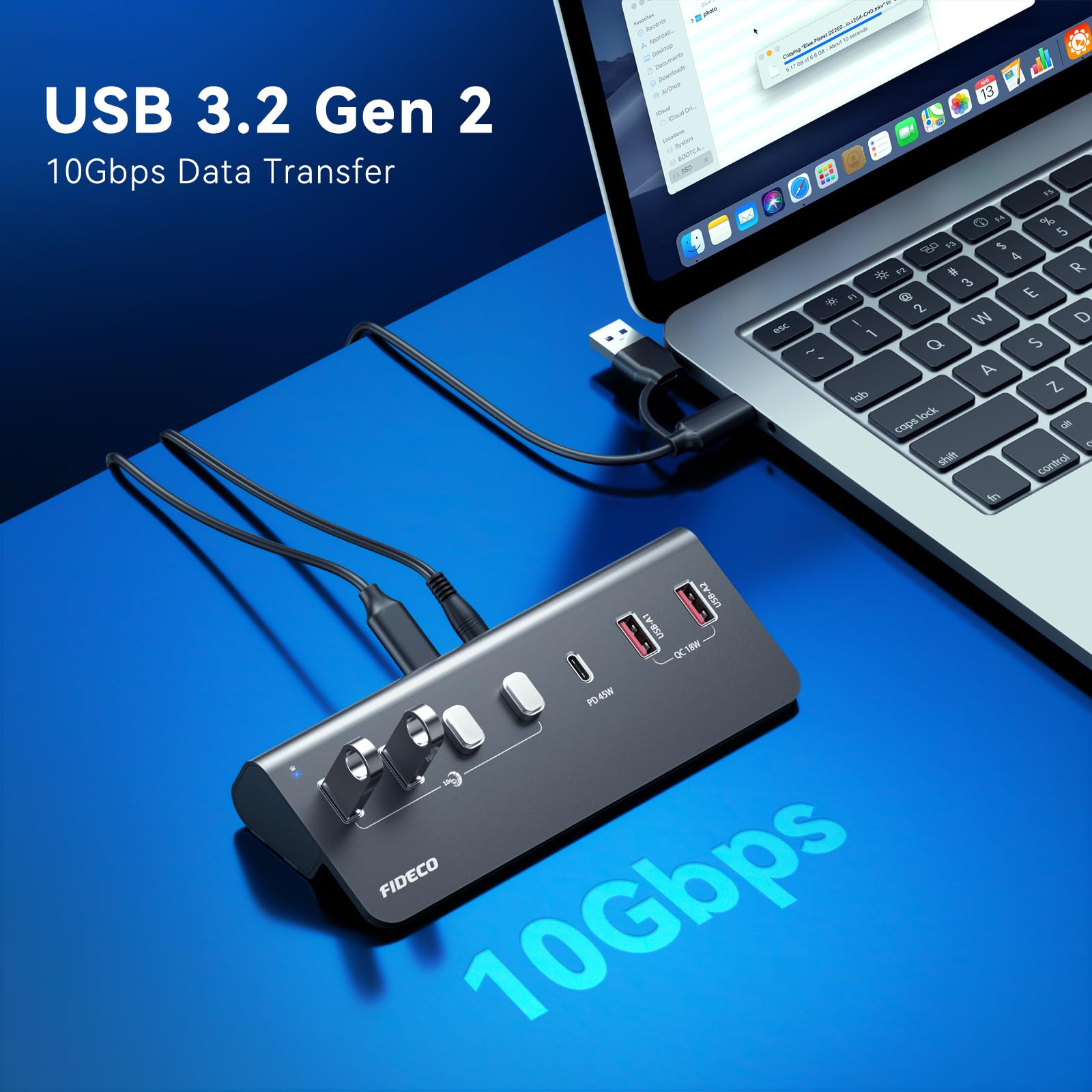 Hub USB alimentato a 7 porte da 72 W, hub USB C con 1 PD 45W, 2 porte di ricarica QC 3.0 e 4 porte USB 3.2 (2 USB-A + 2 USB-C), hub USB in alluminio da 10 Gbps per laptop, PC, MacBook, iPhone 17/16/15