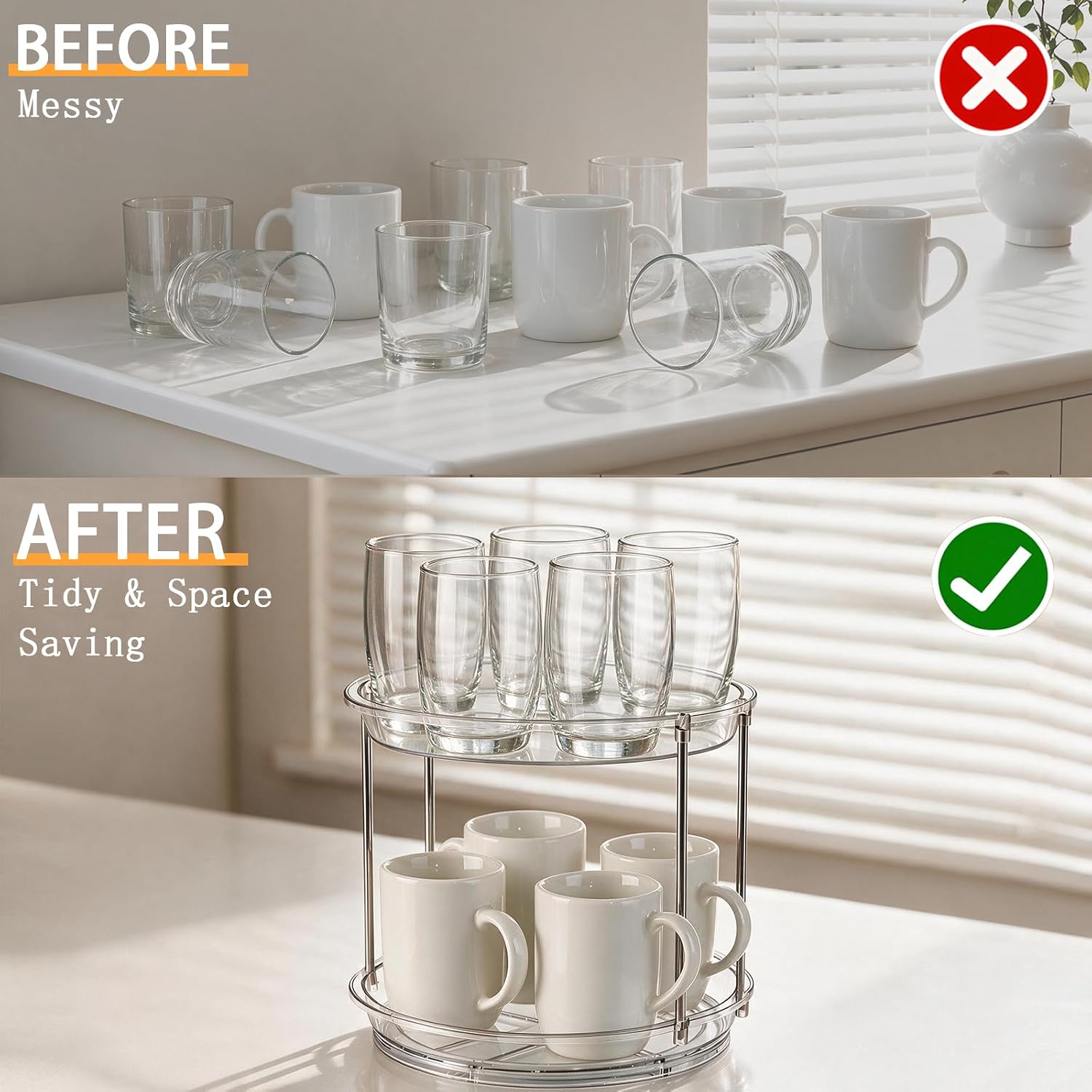 Rotating Coffee Mug Holder, 9" 2-Tier Coffee Cup Organizer for Cabinet
