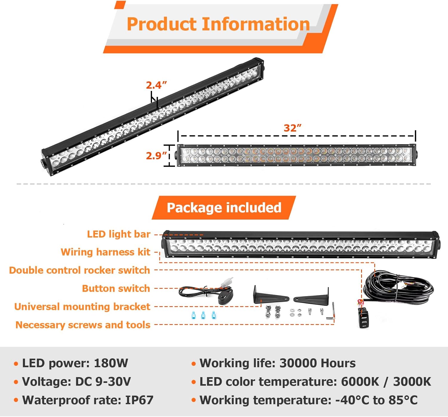 WeiSen 32" 180W Dual Rows Straight Light Bar with Bumper Mounting Bracket, Amber & White Combo LED Strobe Light Bar Compatible with RAM 2500/3500/4500 2010-2019 4th Generation