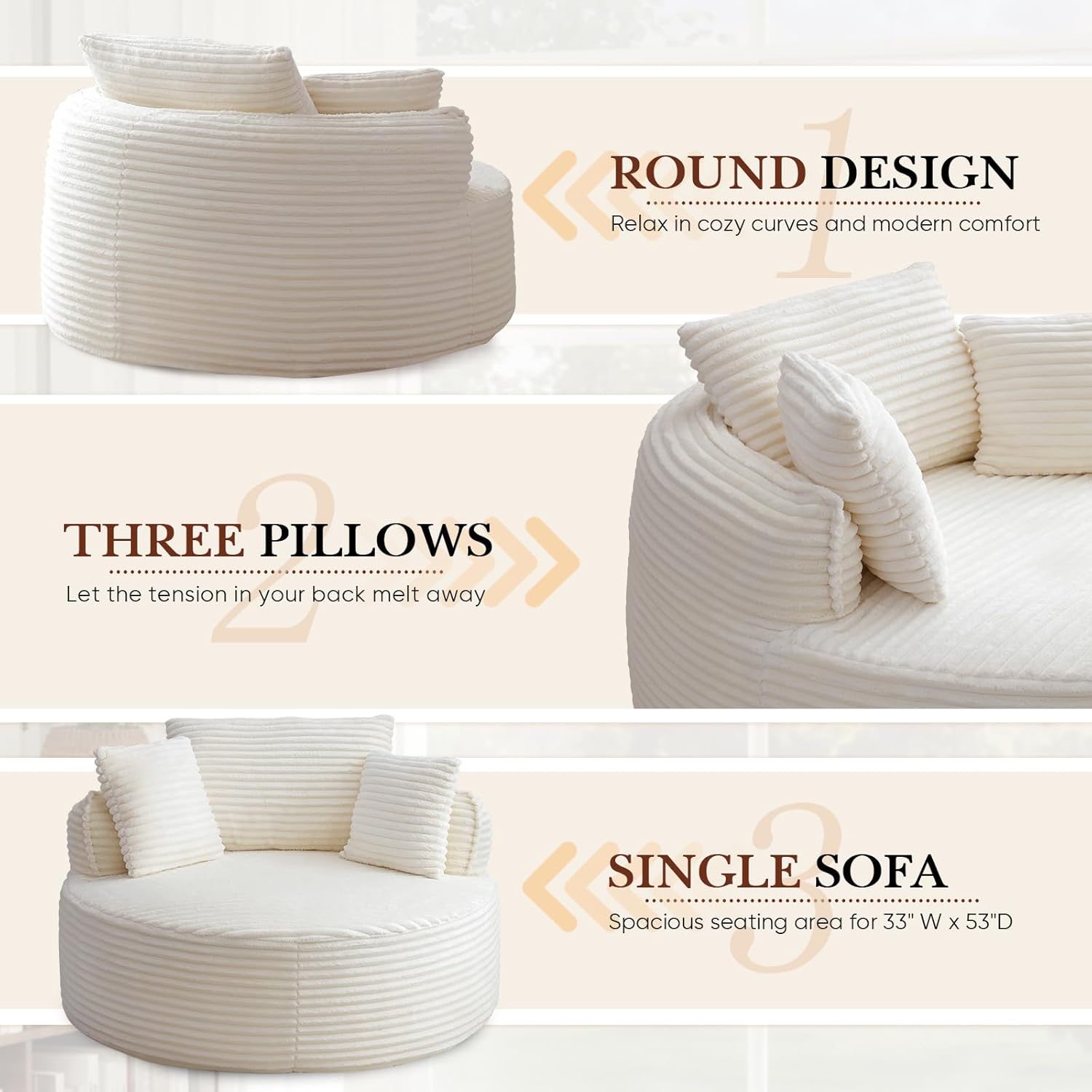 Antetek 53-inch Round Chaise Lounge Chair Indoor, Modern Cloud Single Corduroy Couch with 3 Pillows, Boneless Compressed Memory Foam Sofa Chair for Living Room, Bedroom, Apartment, Beige