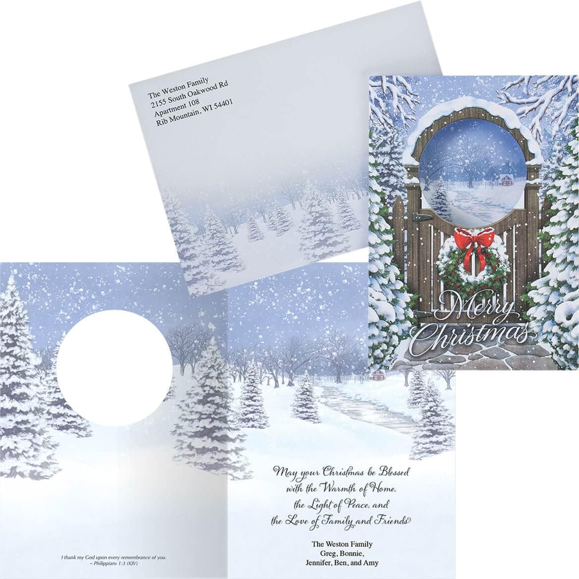 Fox Valley Traders Custom Blessings of Christmas Cards set of 20, Card & Front of Envelope Personalization w/Design