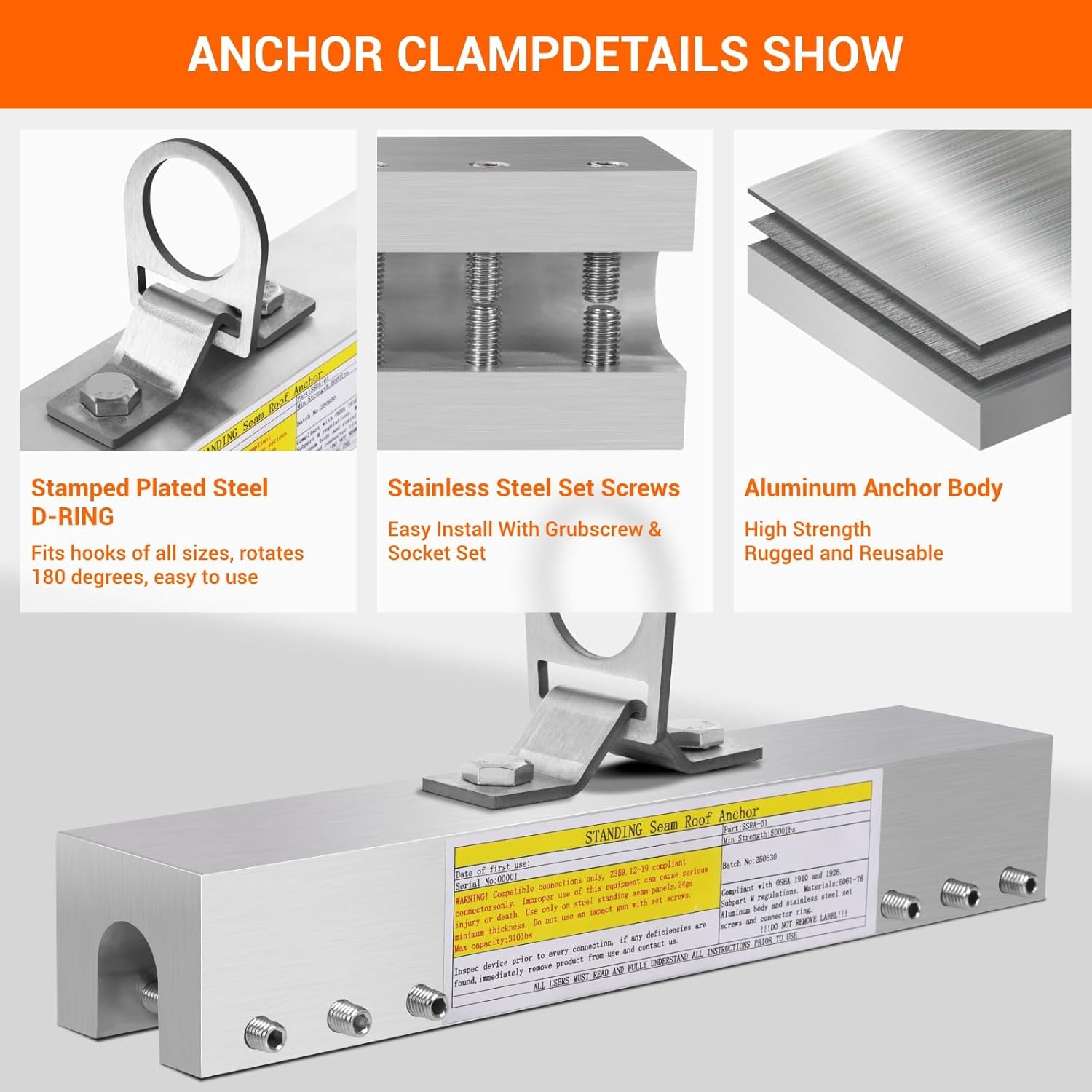 Fall Protection Standing Seam Roof Anchor Clamp, Metal Aluminum Permanent Roof Anchor, Safety Anchor System for Roof Climbing, Work, OSHA/ANSI Compliant