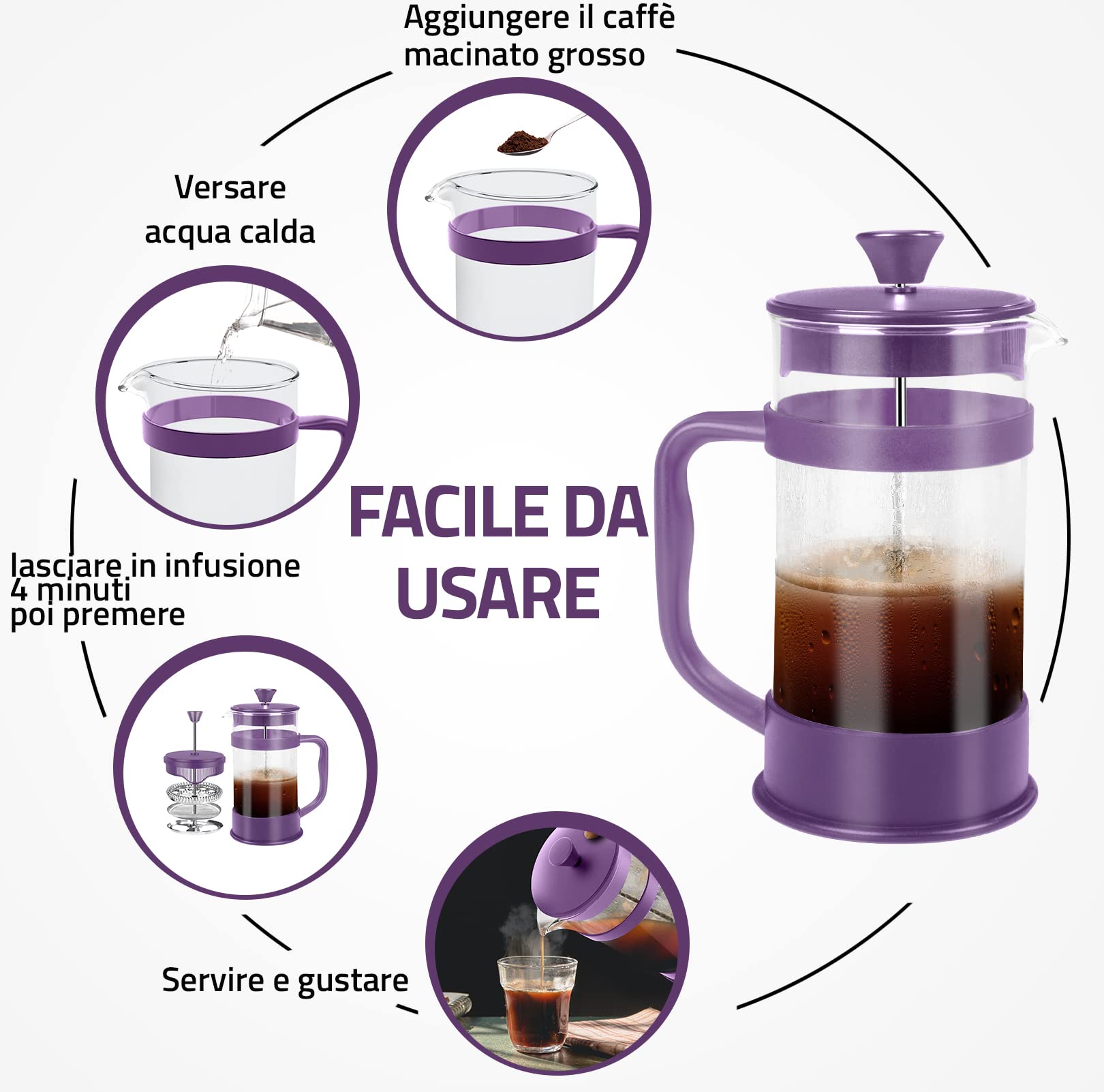 KICHLY French Press Macchina Caffe', Macchina per Espresso e te' con tripli filtri, vetro resistente al calore con stantuffo in acciaio (1000 ml, Prugna)