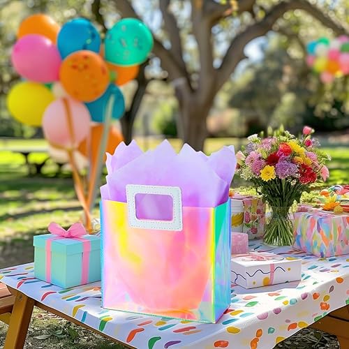 Miniatura 87 de Bolsa de regalo holográfica con papel de seda, reutilizable, bolsa de regalo de cumpleaños para mujeres y niñas, iridiscente, despedida de soltera