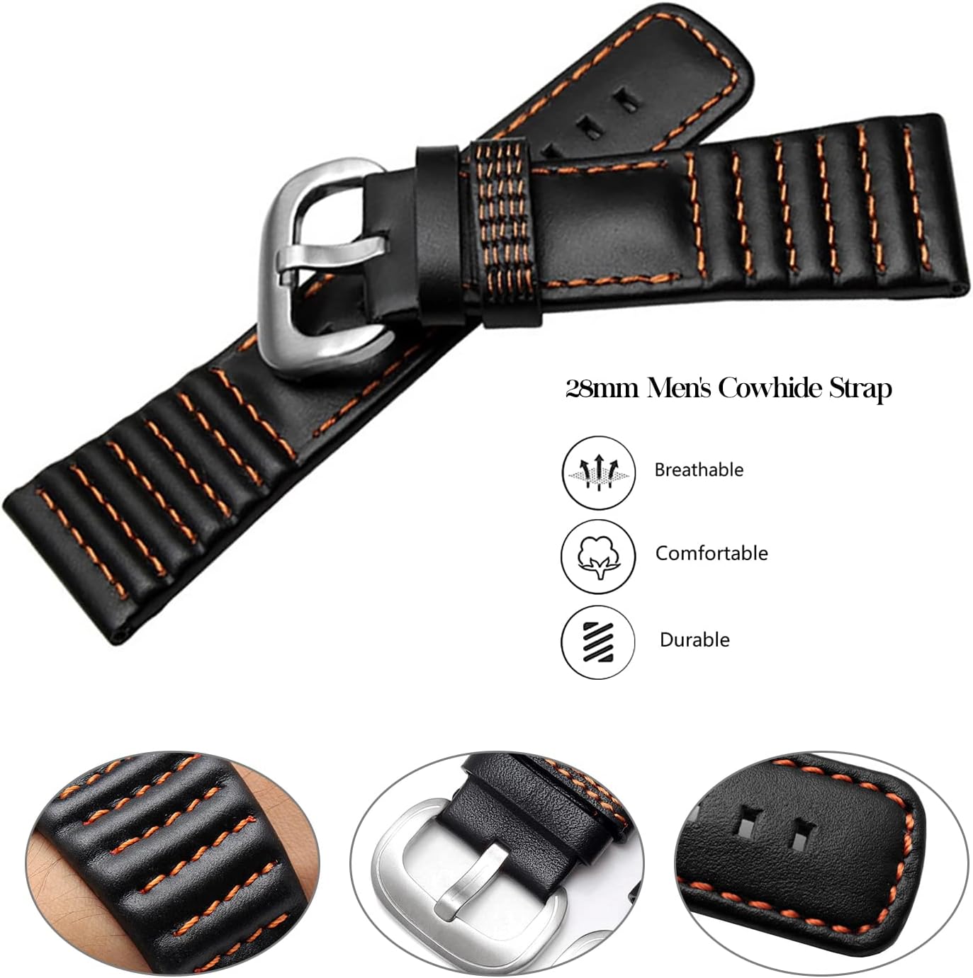 28mm Men's Genuine Leather Watch Band Compatible with Seven Friday M1 M2 P3 SF Calfskin Black Watch Straps with Heavy Duty Metal Buckle Watch Accessories